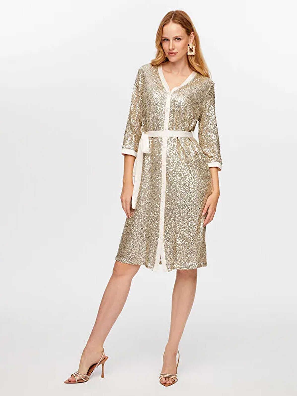 Payet İşli V Yaka 3/4 Kol Abiye Gömlek Elbise W26ABY009