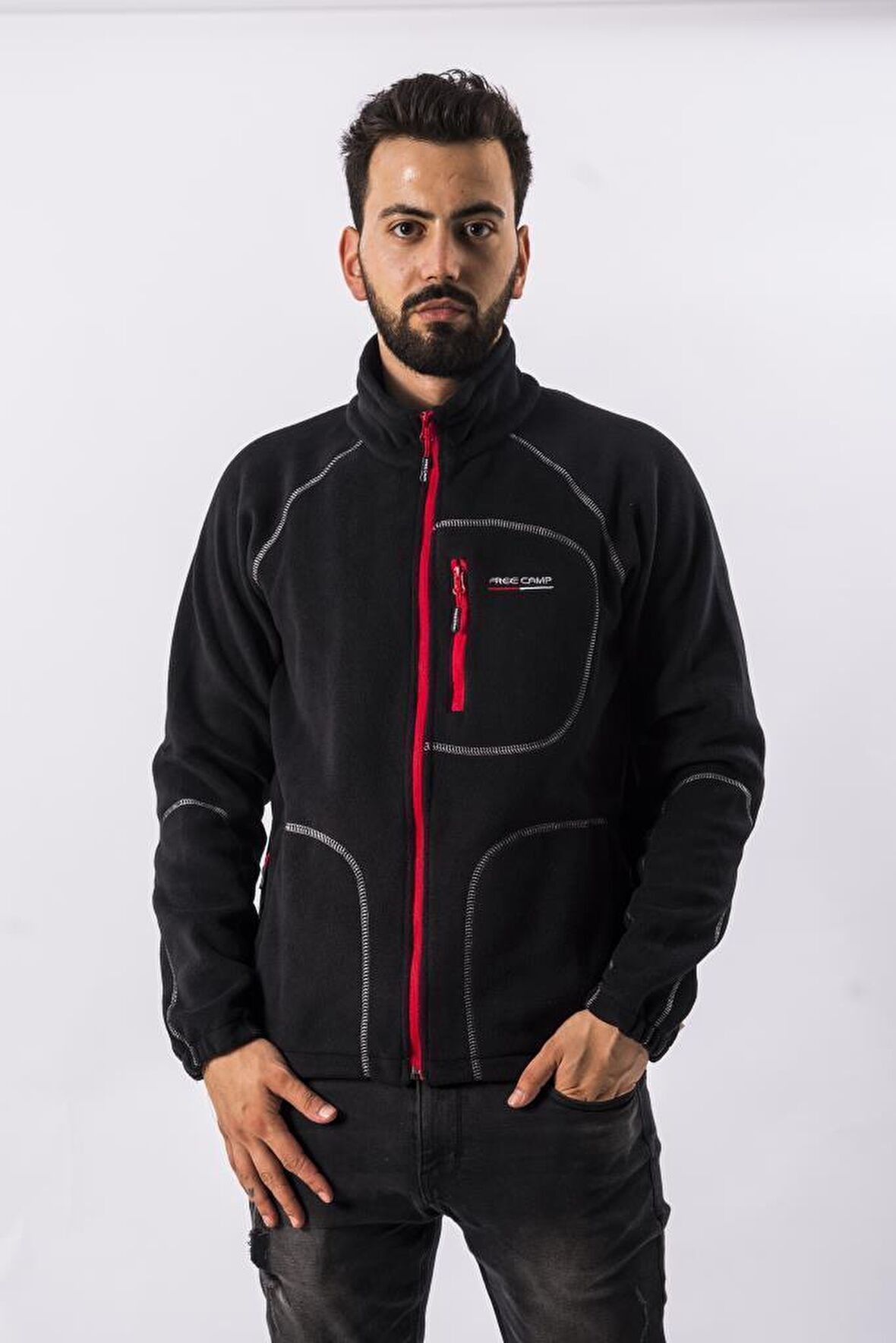 Freecamp Man Full Zipper Fleece-SİYAH-KIRMIZI