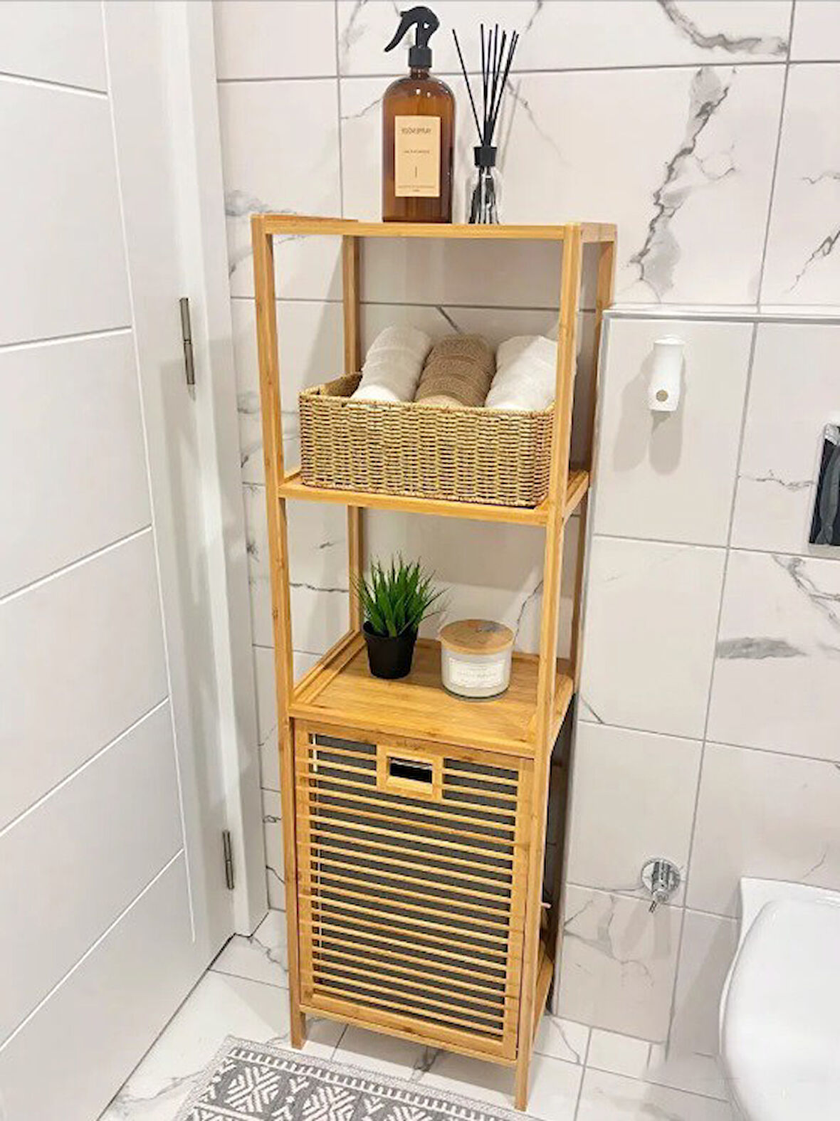 Bambu 3 Raflı Kirli Sepeti Çok Amaçlı Banyo Düzenleyici Organizer Raf