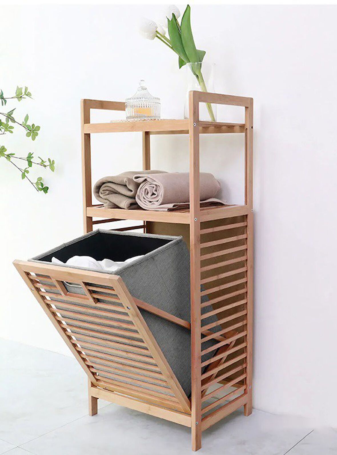 Bambu 2 Raflı Kirli Sepeti Çok Amaçlı Banyo Düzenleyici Organizer Raf