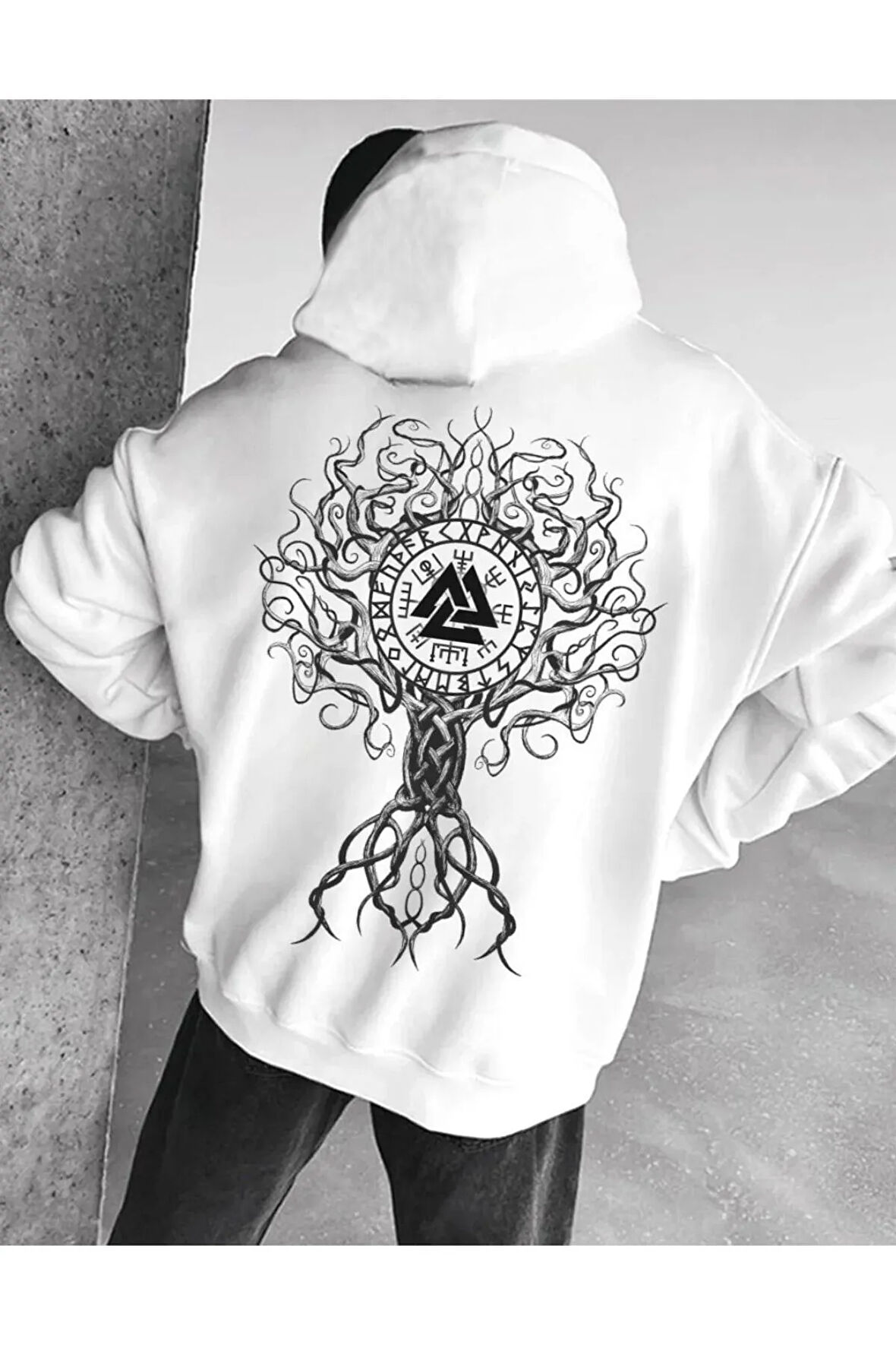 Unisex Beyaz Triangle Tree Basklı Oversize Kapüşonlu Sweatshirt