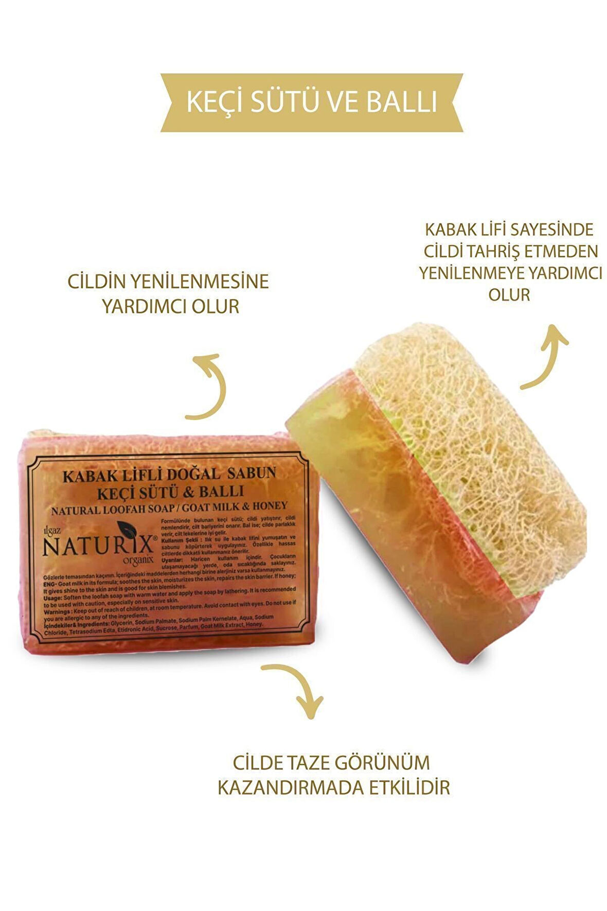 Doğal Kabak Lifli Keçi Sütü & Ballı Sabun Peeling Etkili Akne Kurutucu Natural Goat Milk Soap 130 Gr