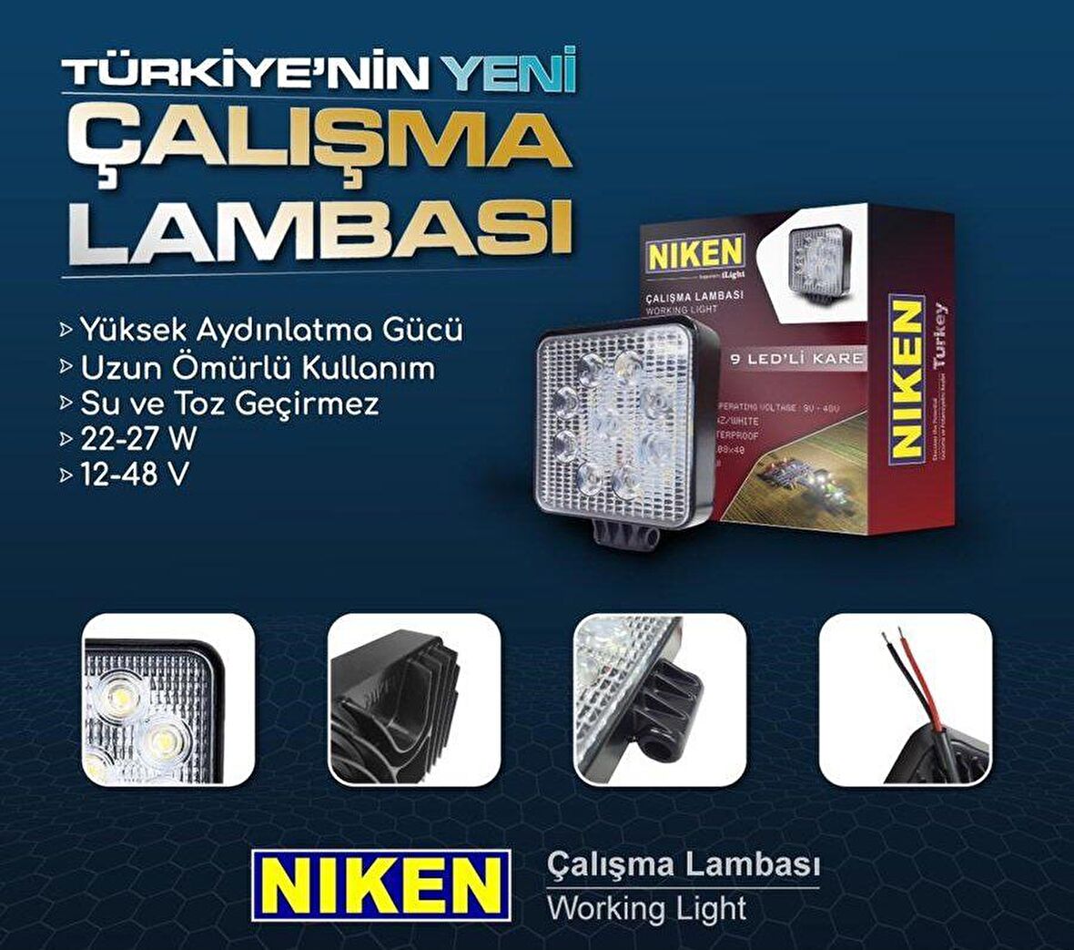 Çalışma lambası ledli kare 22-27w 9 ledli niken