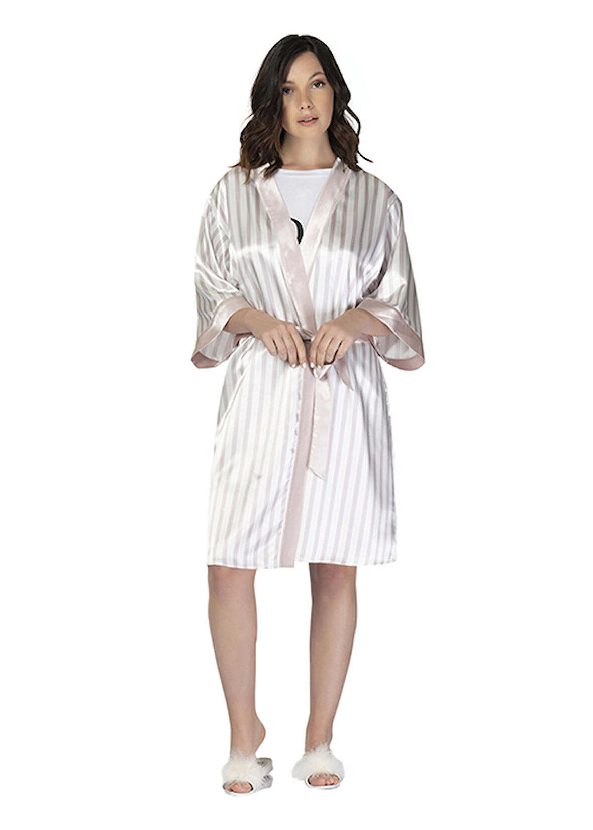 U&ME Bride Stripe Saten Sabahlık PUDRA
