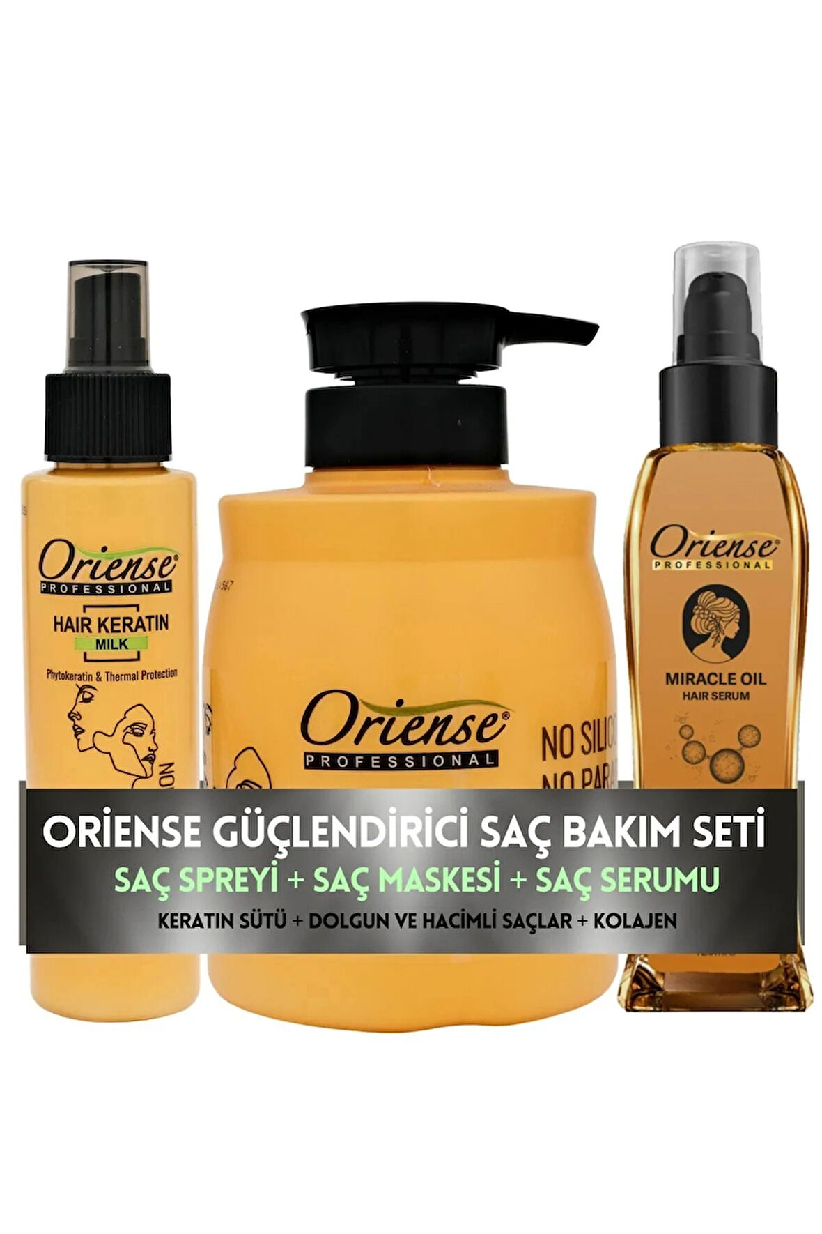 Oriense Dolgun ve Hacimli Saçlar İçin Bakım Seti - Keratin Spreyi(100 ml), Kolajen Serumu(125 ml) ve Saç Maskesi(600 ml)