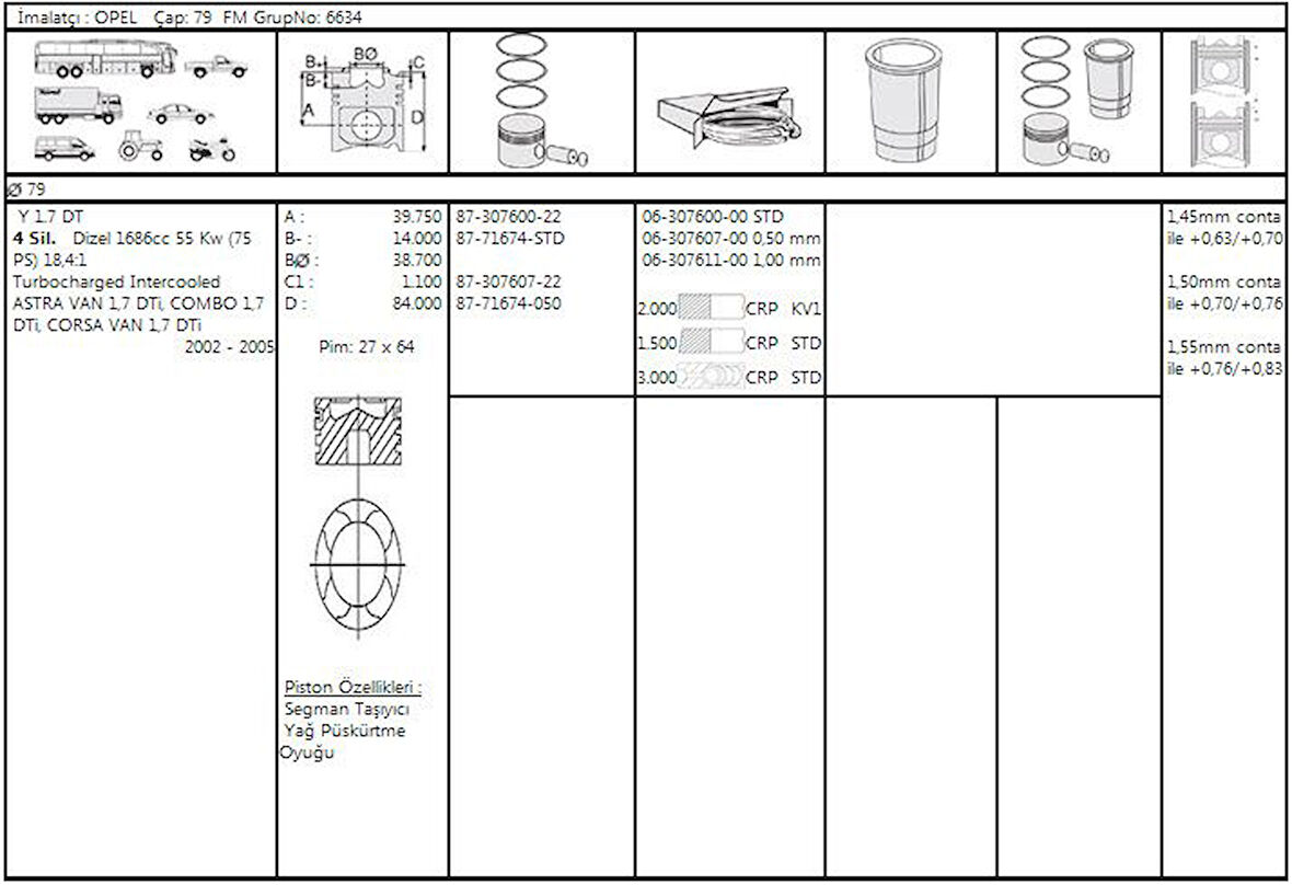 Opel Motor Segmanı Astra G Corsa C Combo C (y1,7dt) / (75 Hp) / (79,00mm) / (std) - Goetze 63076000g