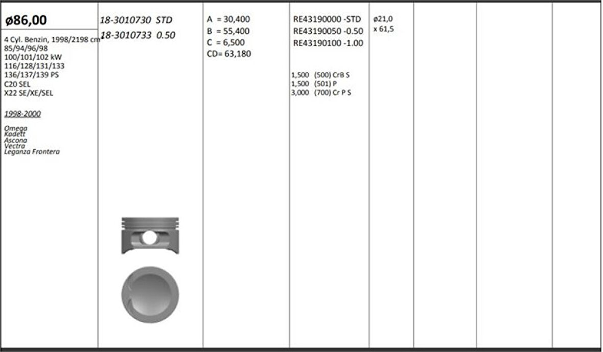 Opel Motor Piston+segmanı ( Riken )  86,00+0,50mm Cap Omega Kadett Ascona Vectra Leganza Frontera X22xe-X - Kingpiston 18-3010733