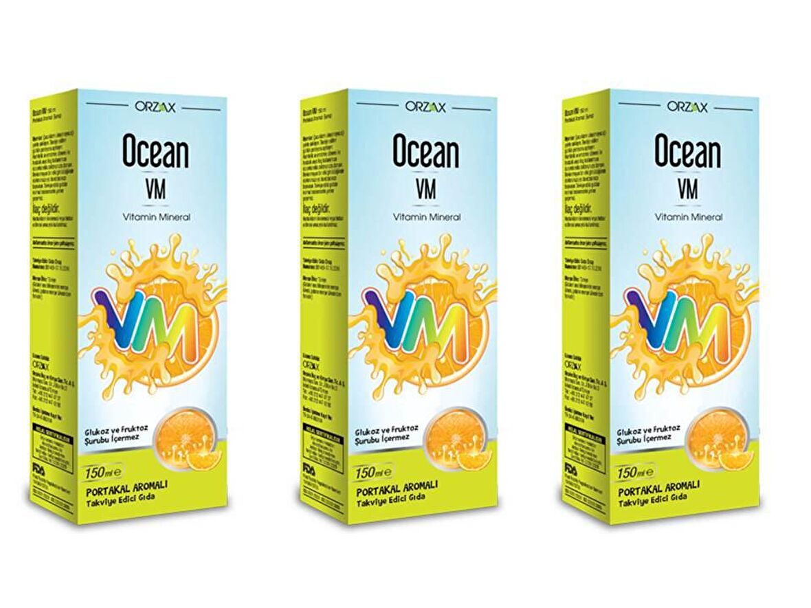 ORZAX OCEAN VM VİTAMİN MİNERAL 150 ML PORTAKALLI ŞURUP 3'LÜ PAKET