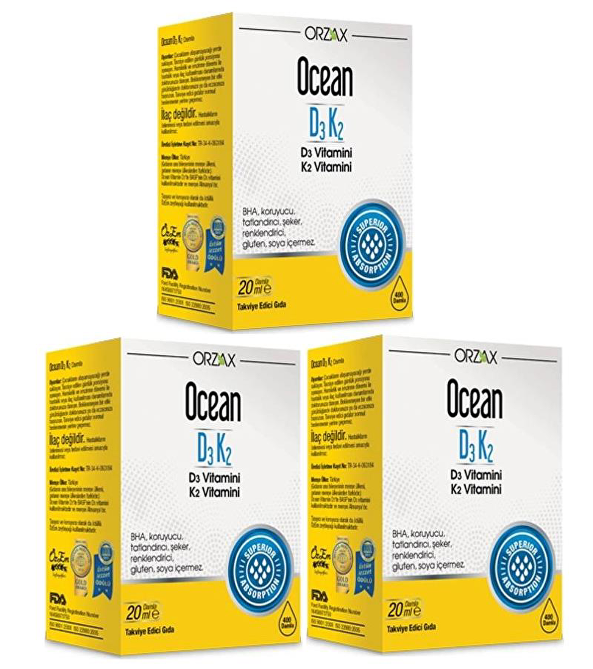 Orzax Ocean D3K2 Damla 20 ML x 3 Adet