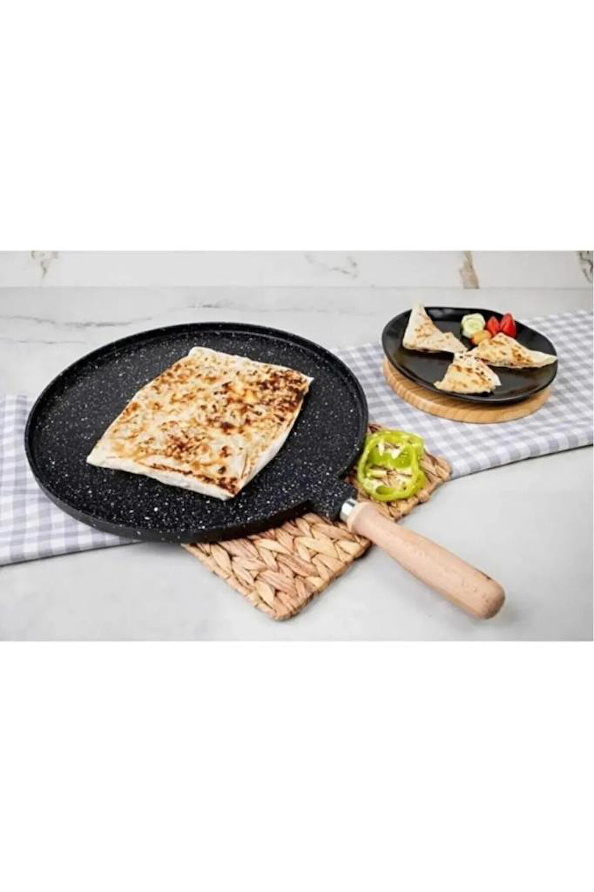 Kapris Meşe Saplı Granit Gözleme Tava Izgara Pizza Tava 36CM