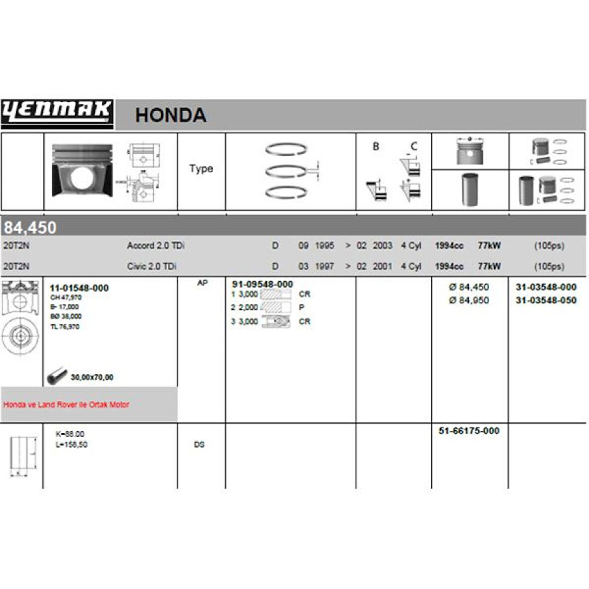 Land Rover Motor Piston+segman Freelander Dizel 2.0 0,50 - Yenmak 31-03548-050