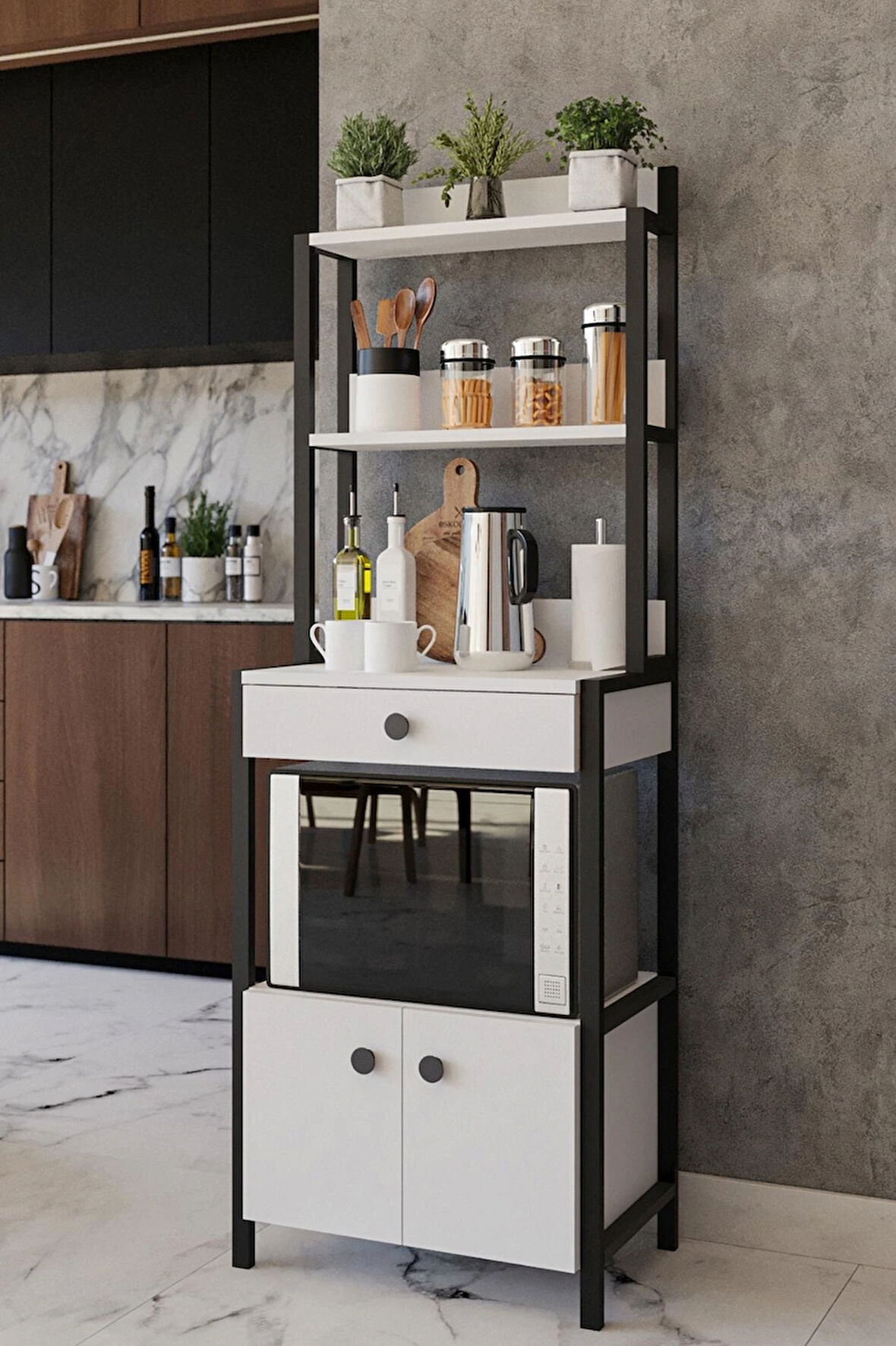 Beyaz Çekmeceli 2 Kapaklı Çok Amaçlı Dolap Mutfak Bangosu Mikrodalga Fırın Mini Fırın Dolabı Kahve Köşesi