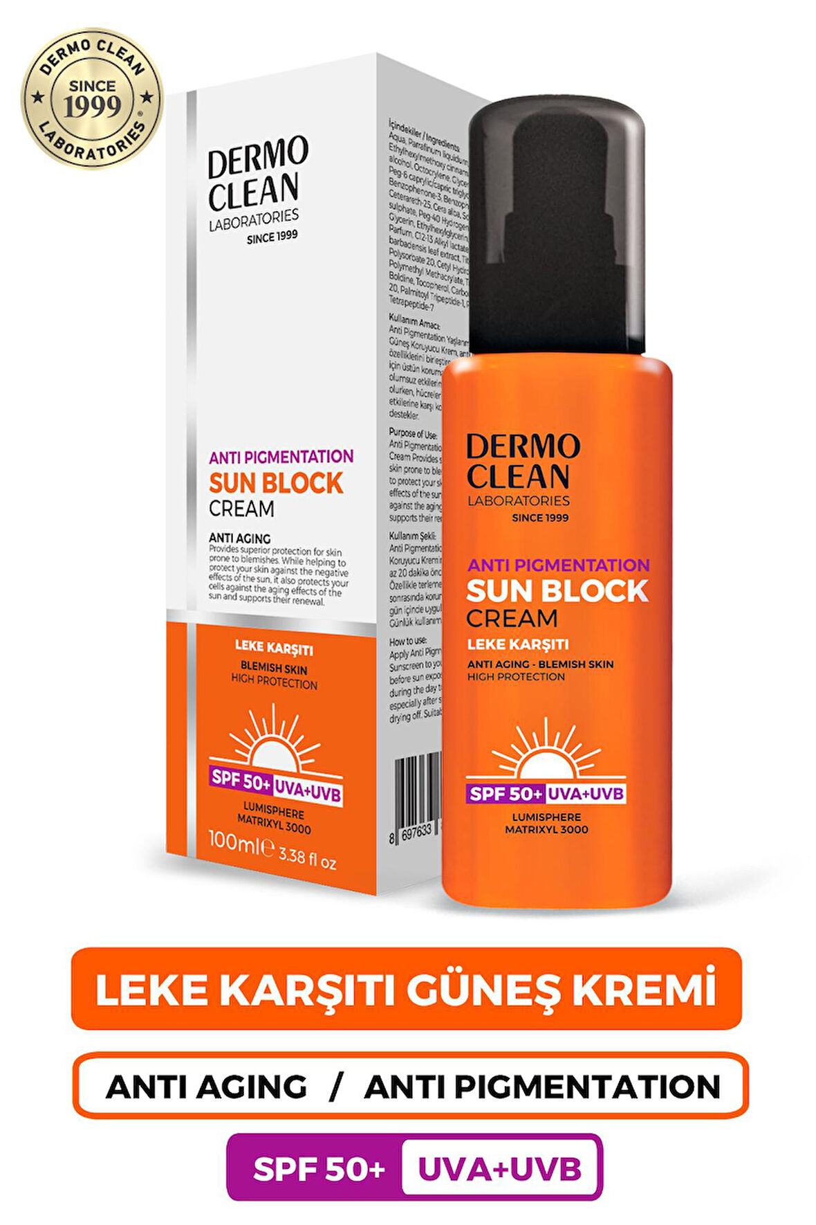 DERMO CLEAN ANTI PIGMENTASYON SUN BLOCK CREAM LEKE KARŞITI GÜNEŞ KREMİ (SPF 50+) 100 ML
