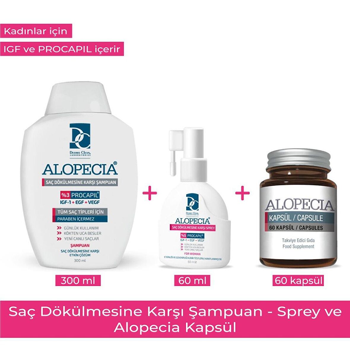 ALOPECIA PROCAPIL VE IGF İÇERIKLİ ŞAMPUAN & SPREY & 60 KAPSÜL SETİ(KADIN)