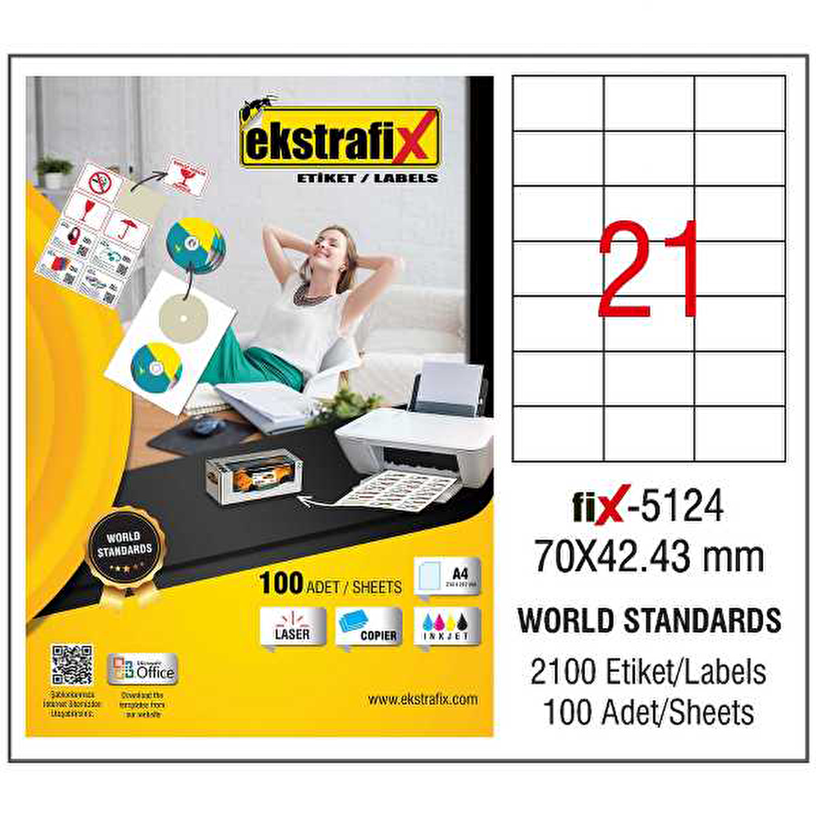 Ekstrafix Laser Etiket 100 YP 70x42.43 Laser-Copy-Inkjet FİX-5124