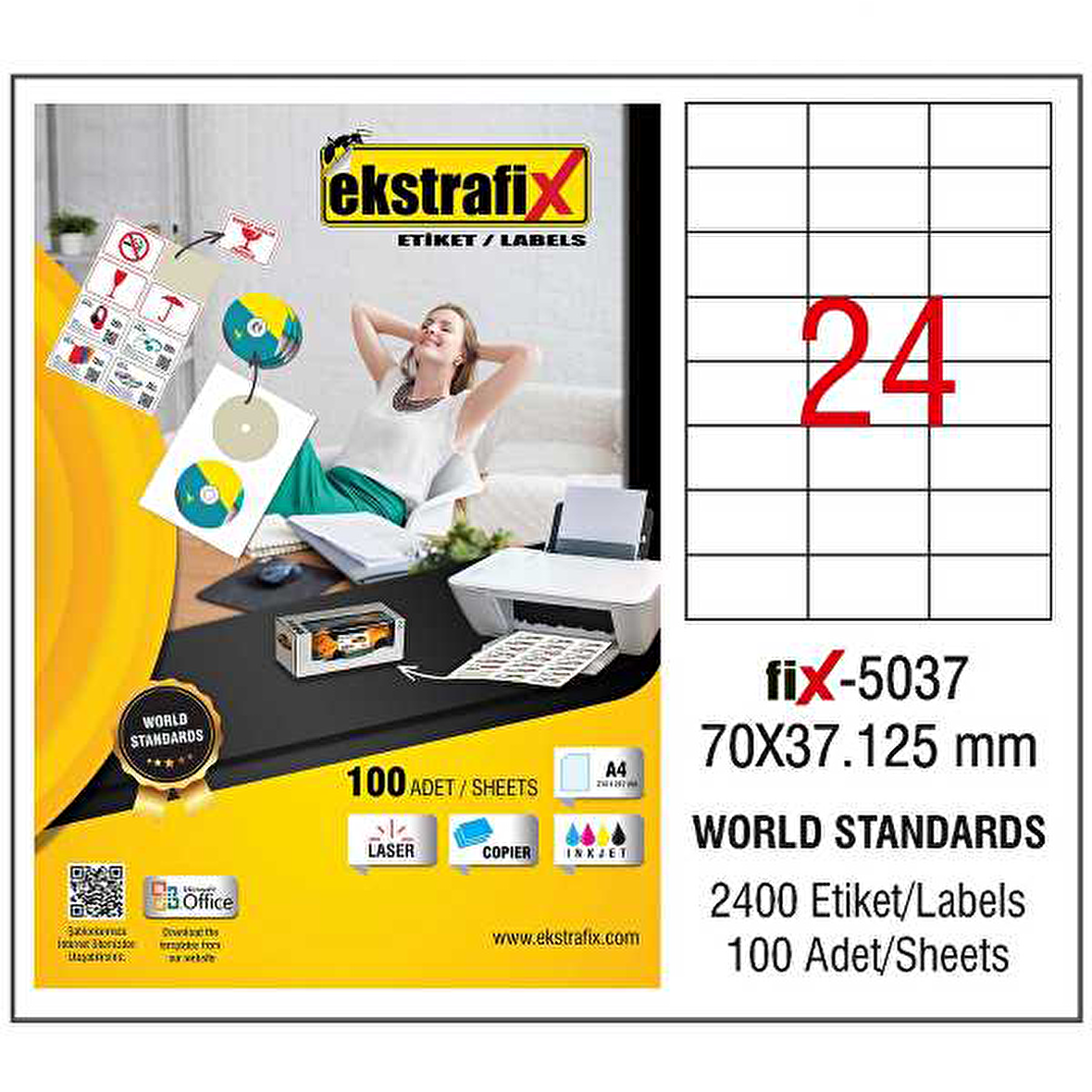 Ekstrafix Laser Etiket 100 YP 70x37,125 Laser-Copy-Inkjet Fİx-5037