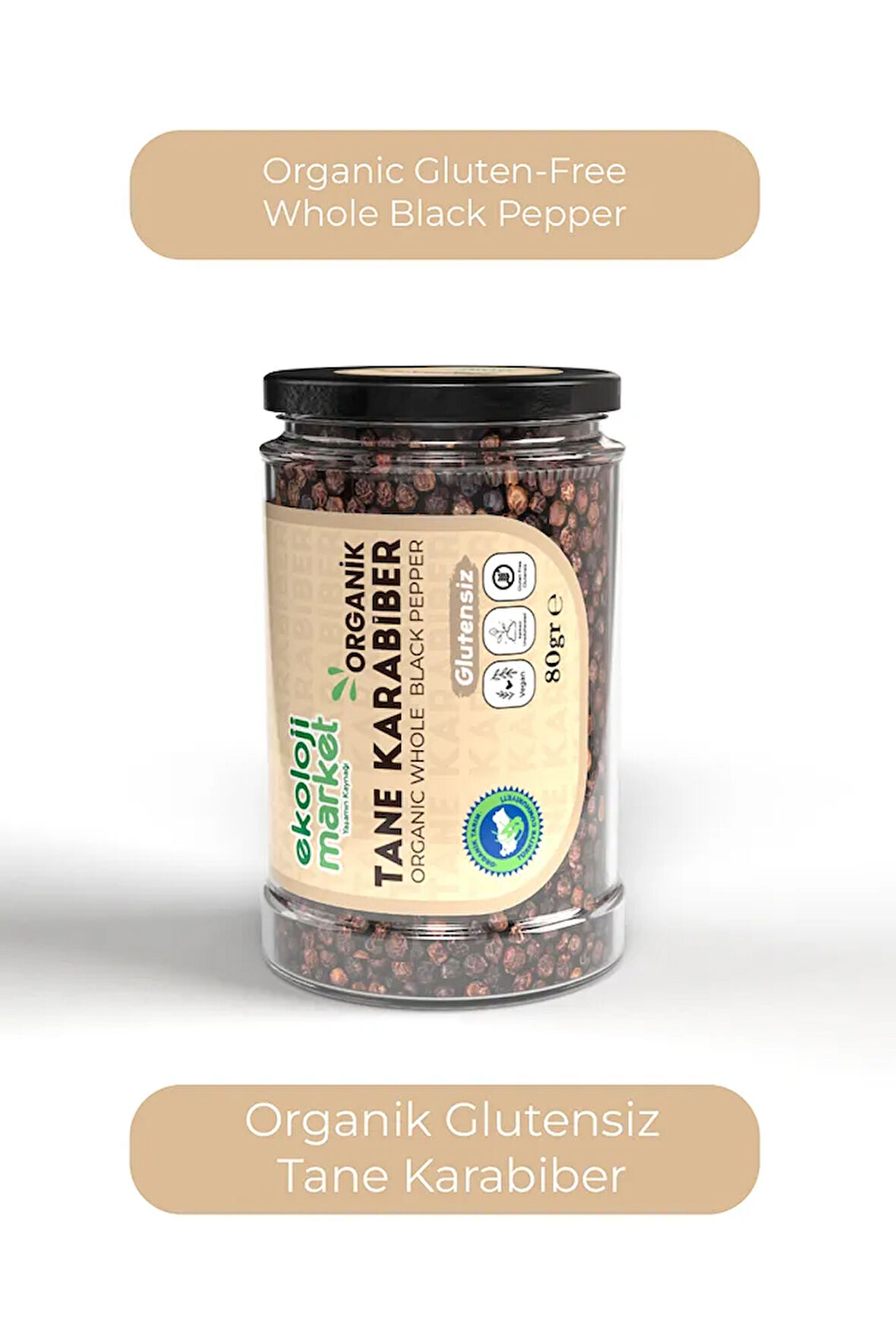 Organik Glutensiz Tane Karabiber 80 gr / Organic Gluten-free Whole Black Pepper 80 gr