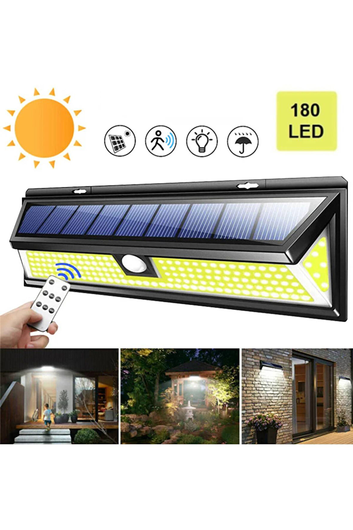 Plentiful Solar 180 Led Güneş Enerjili Kumandalı 3 Modlu Duvar Lambası Su Geçirmez Garaj Bahçe Sokak