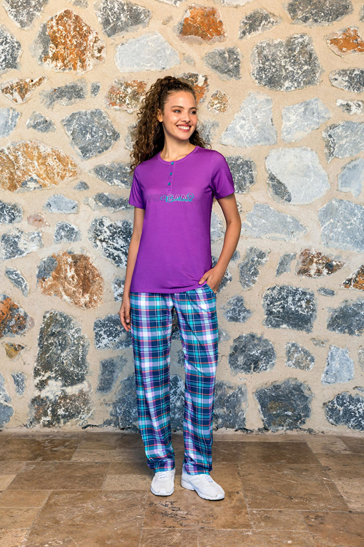 Dorenase 4008 Mor Ekoseli Modal Kısa Kollu Kadın Pijama Takımı MOR