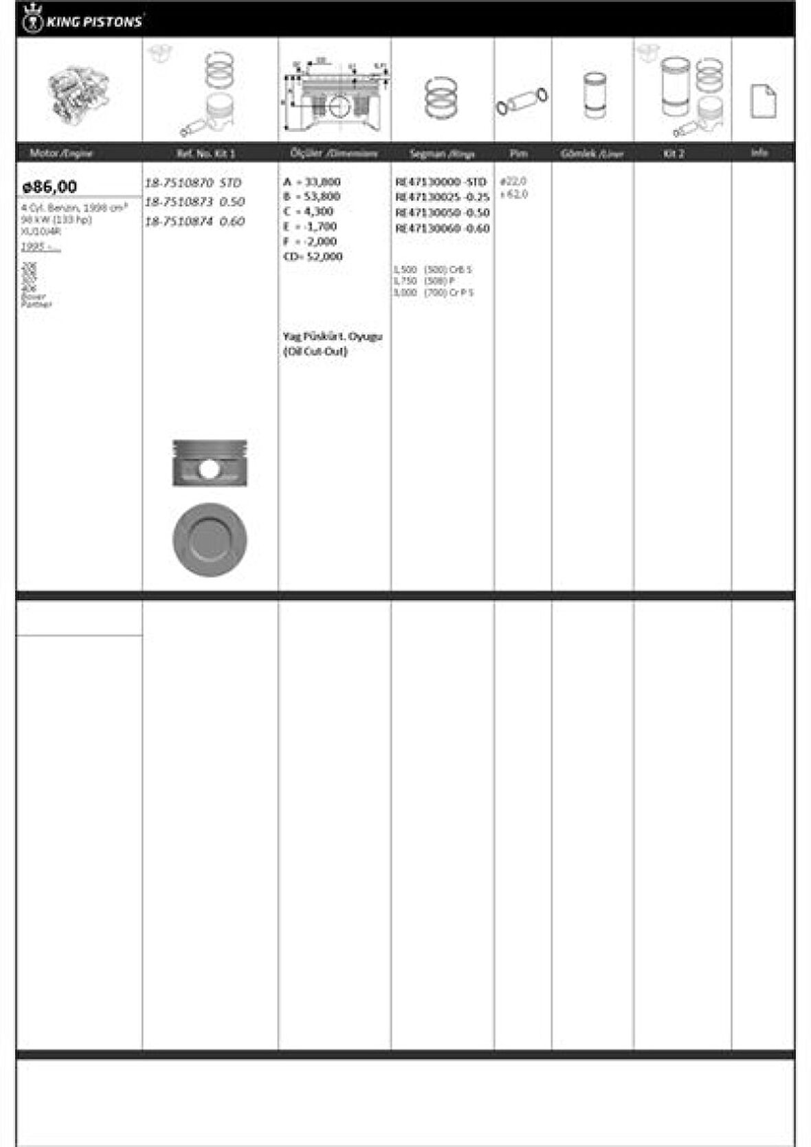 Psa Piston + Segman 86mm -Std ( Riken Segmanlı ) 206*306*307*406*boxer*partner Xu10j4r Engine - Kingpiston 18-7510870
