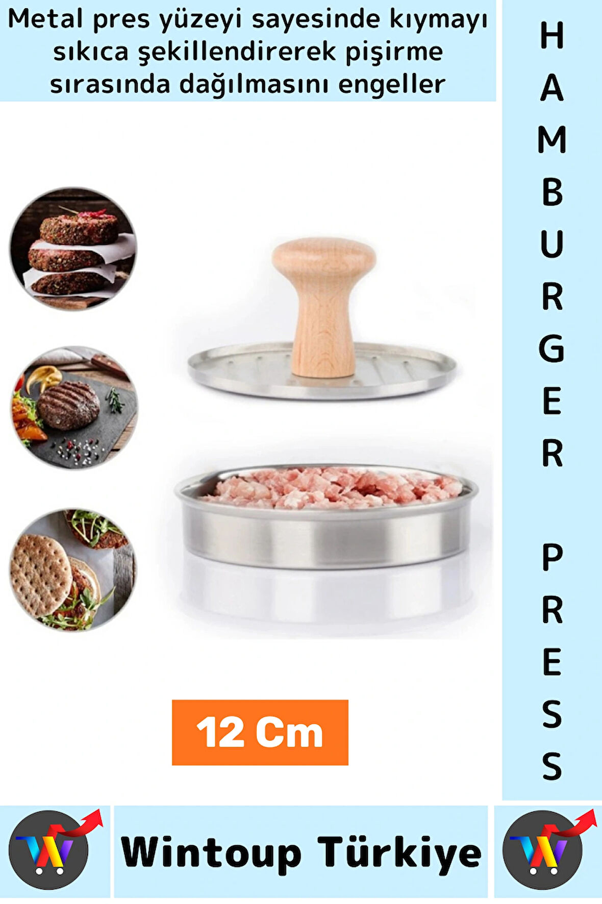 Uzun Ömürlü Ergonomik Tutuş Ahşap Saplı Izgara Çizgili Mutfak Kıyma Köfte Hamburger Press 12 Cm