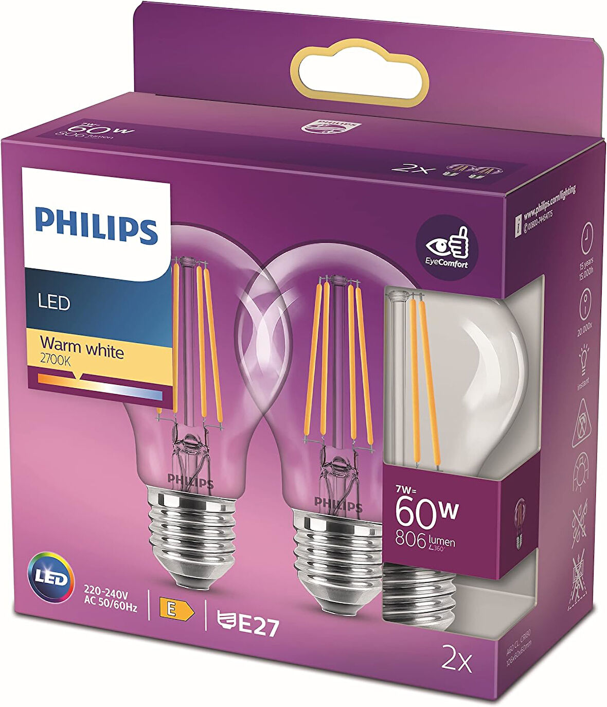 LED Classic 60W A60 Filament Ampul, 2700 Sarı Işık, E27 Normal Duy, Dim Edilmez 2'li Ekopaket