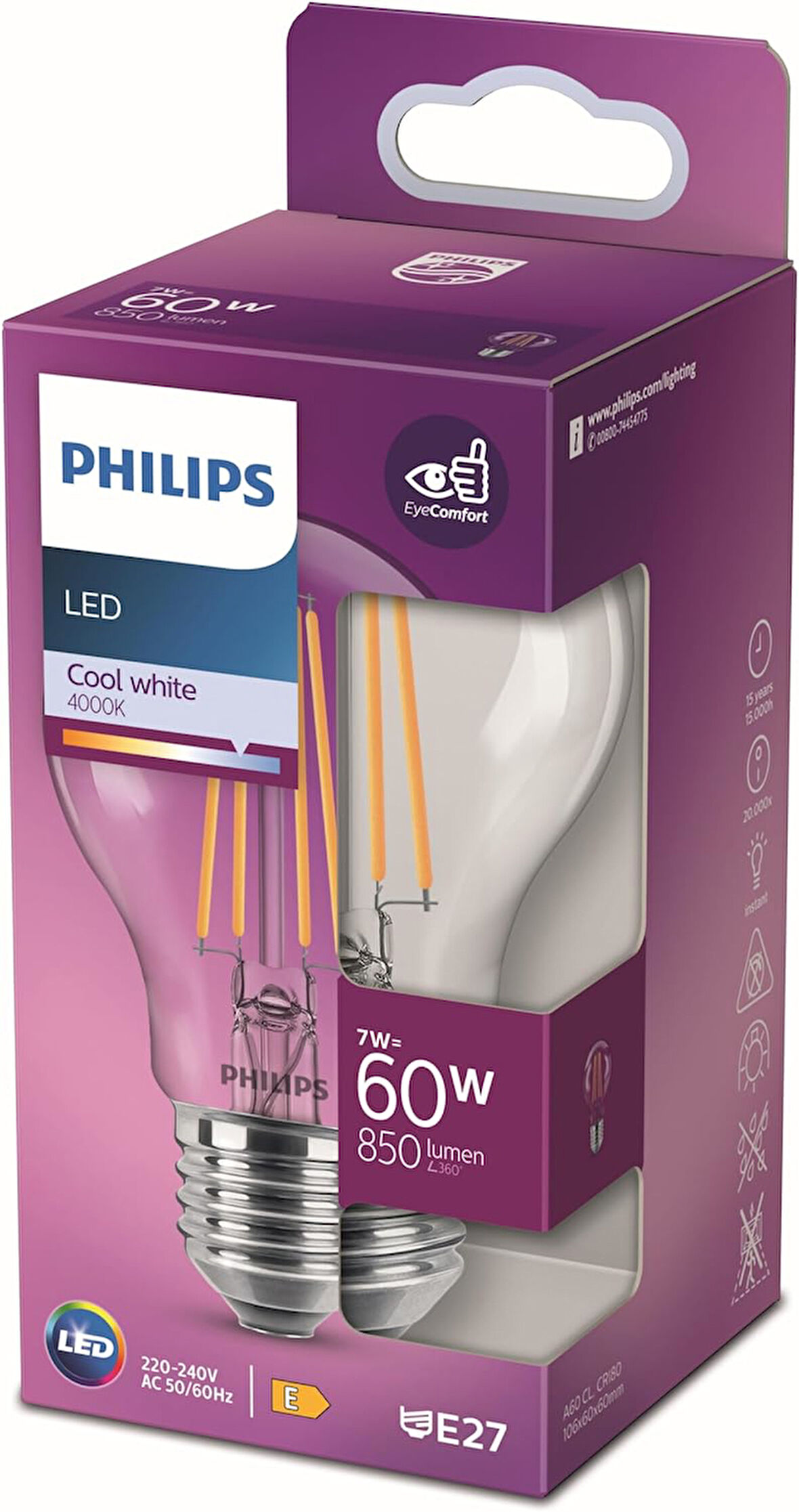 LED Classic 60W A60 Filament Ampul, 4000K Gün Işığı, E27 Normal Duy, Dim Edilmez