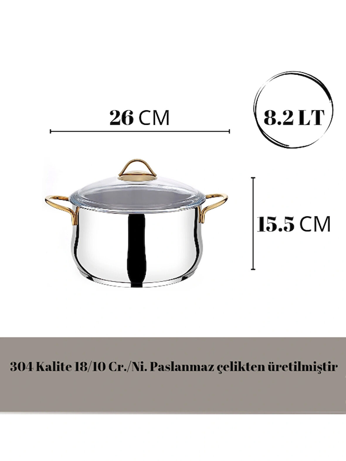 26 CM Cam Kapaklı 18/10 Paslanmaz Çelik Derin Tencere