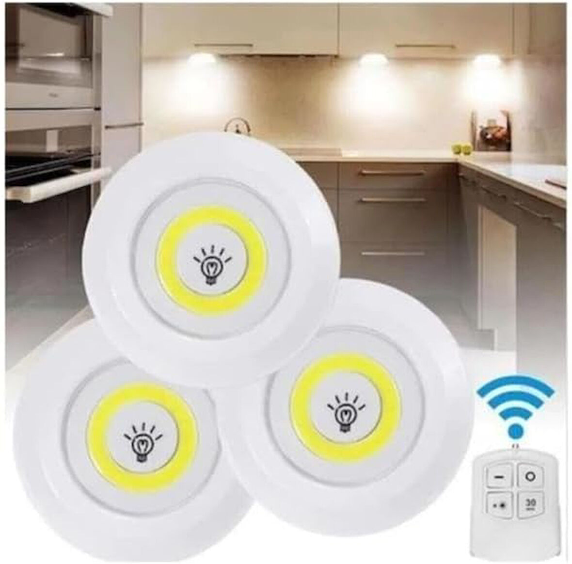 Kumandalı 3 lü Set Hero Led Kabin Led Mutfak Tezgah Banyo Dolap Aydınlatma Gece Lambası Pilli