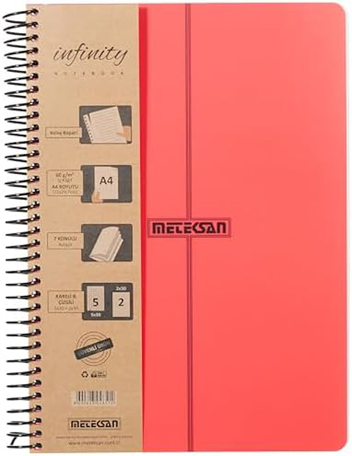 Defter, Kırmızı Kapaklı Spiralli Yaprak PP Çizgili) 210 Kareli, 2 Konulu (5 A4, 7 Primary Serisi, Infinity Yeni