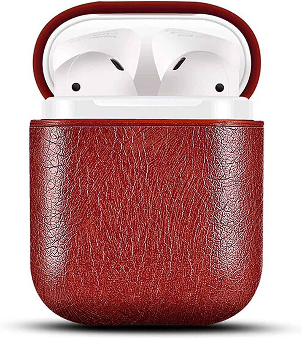 Apple Airpods 1/2 ile uyumlu Deri Kılıf - (Lal Kırmızı)