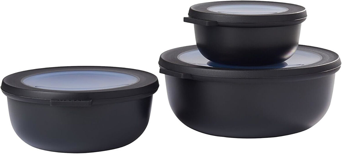 Cirqula 3 parçalı çok kaseli set yuvarlak İskandinav siyahı - 350, 750 ve 1250 ml, derin dondurucu kavanozu, mikrodalga kapları ve kapaklı servis kasesi olarak kullanılabilir