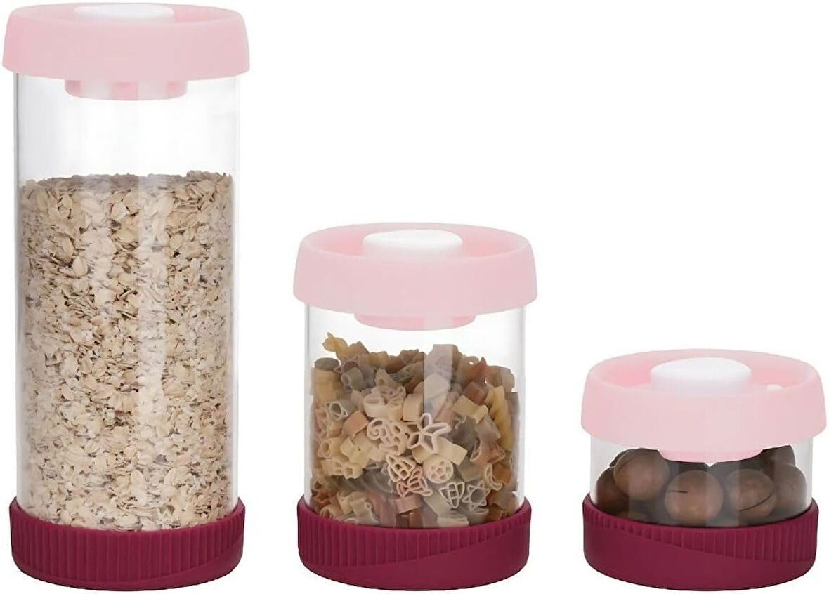 Ahmet Yuvarlak Vakumlu Cam Saklama Kabı Seti, 3'Lü Set (450 Ml+840 Ml+1500 Ml), Pembe
