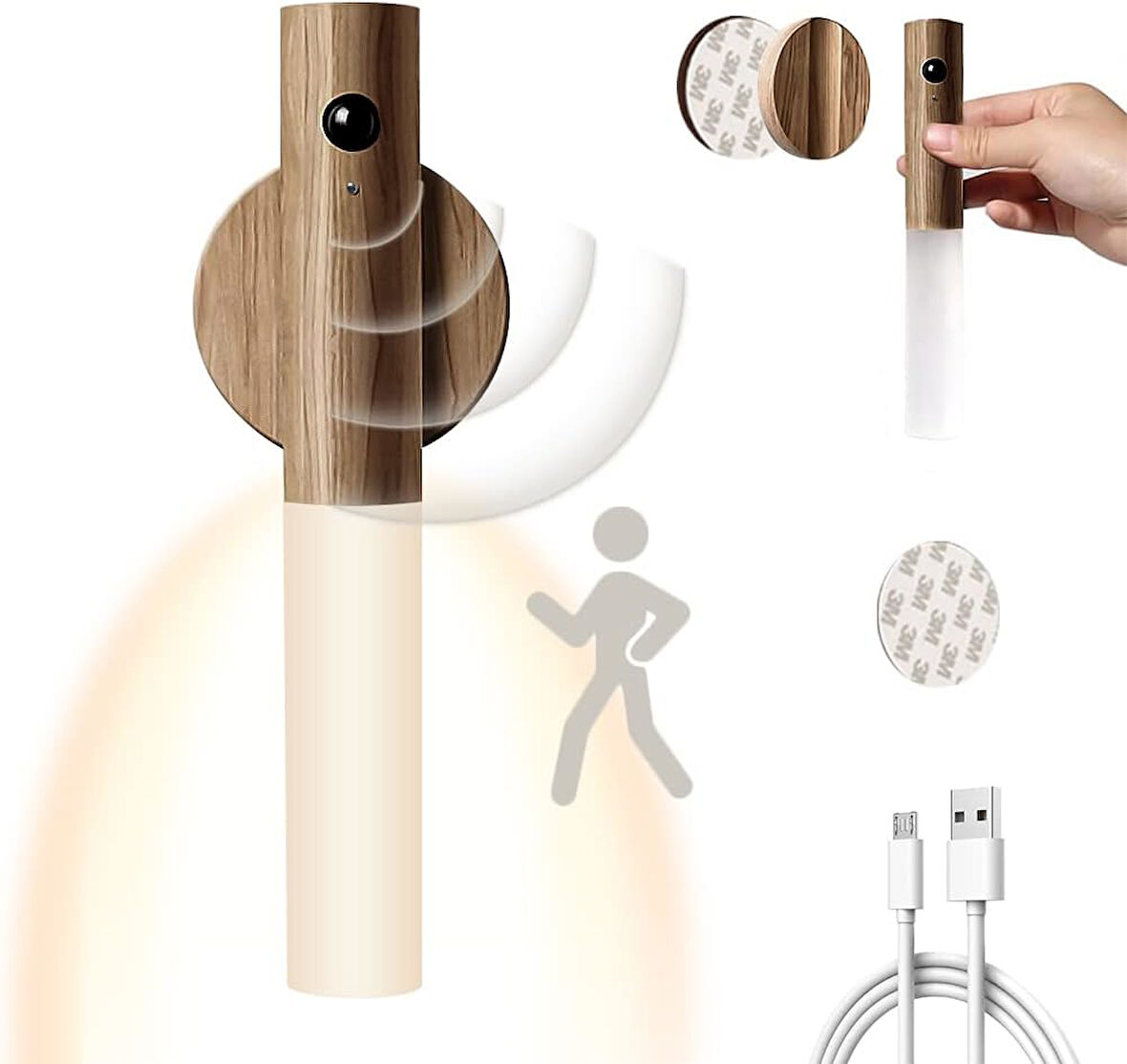 USB ile şarj edilebilir duvar lambası, ahşap, iç mekan, hareket sensörlü, indüksiyonlu, pilli LED duvar lambası, sıcak beyaz, manyetik yatak lambası, oturma odası, yatak odası, merdiven