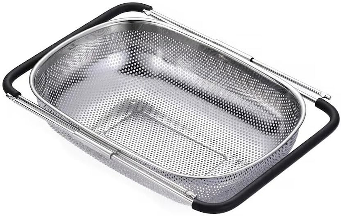 Ayarlanabilir Paslanmaz Çelik Süzgeç 24 x 34 cm, Lavabo Üzeri Çok Amaçlı Mutfak Süzgeci, Sebze & Meyve Yıkama, Bulaşık Kurutma, Pirinç ve Makarna Süzme