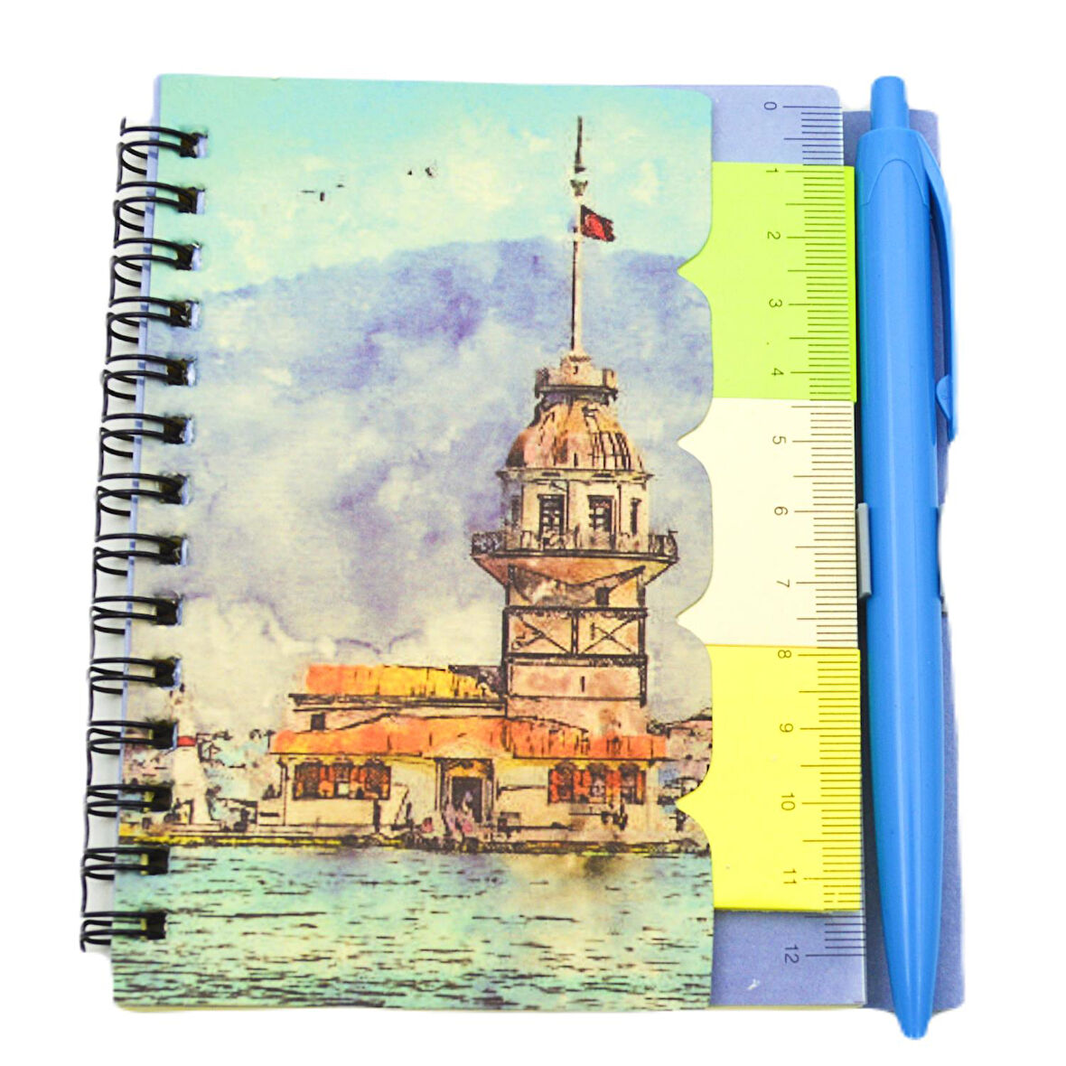 NotYaz 12x10 60 Yaprak Kalemli-Cetvelli Not Defteri Bloknot İstanbul Motifleri Çizgili- Kız Kulesi (GD-8193)
