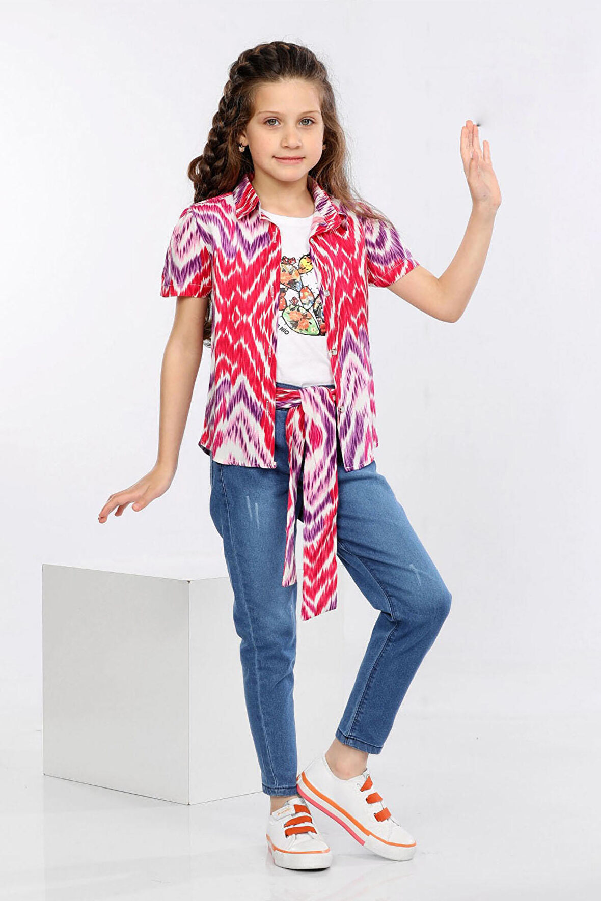 Mornio Dalga Desen Baskılı Renkli Gömlek, Tişört ve Kot Pantolon 3 lü Takım MRN2408