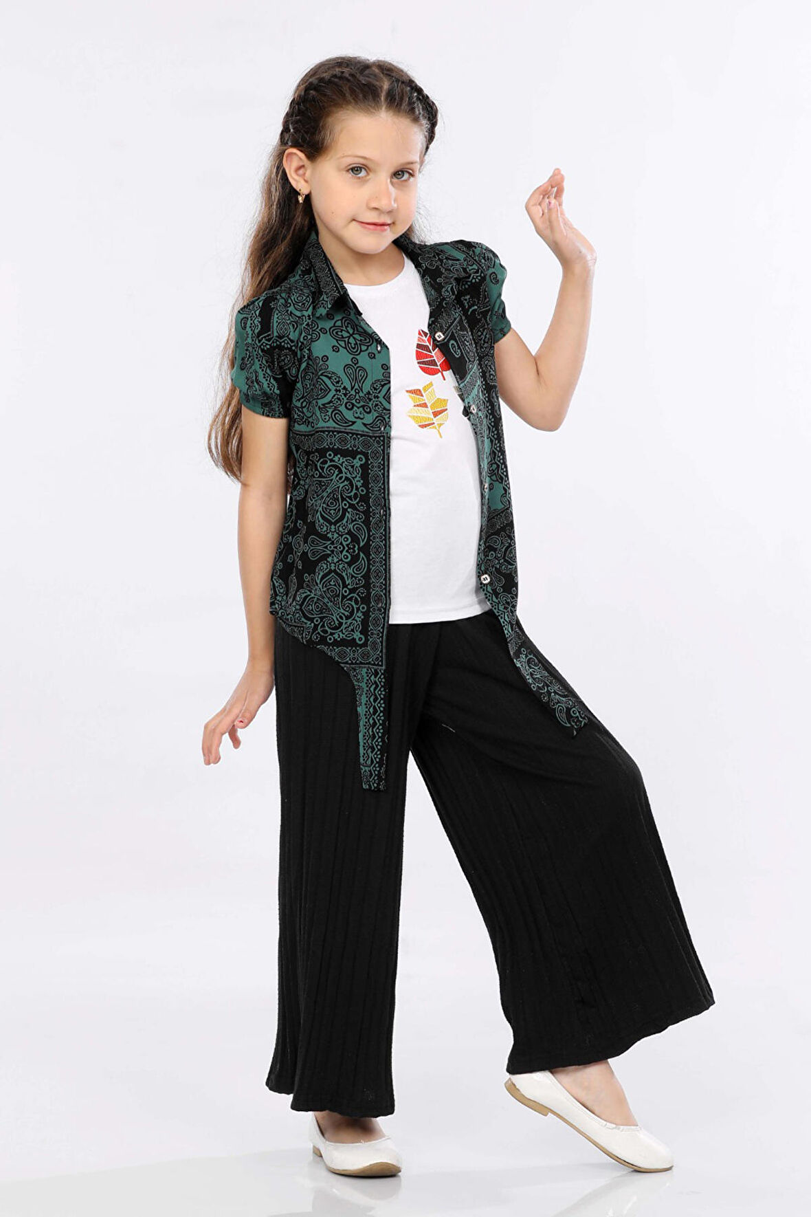 Mornio Kız Çocuk 3'lü Takım Bağlamalı Gömlek-T-shirt ve Geniş Paça Pantolon MRN2422