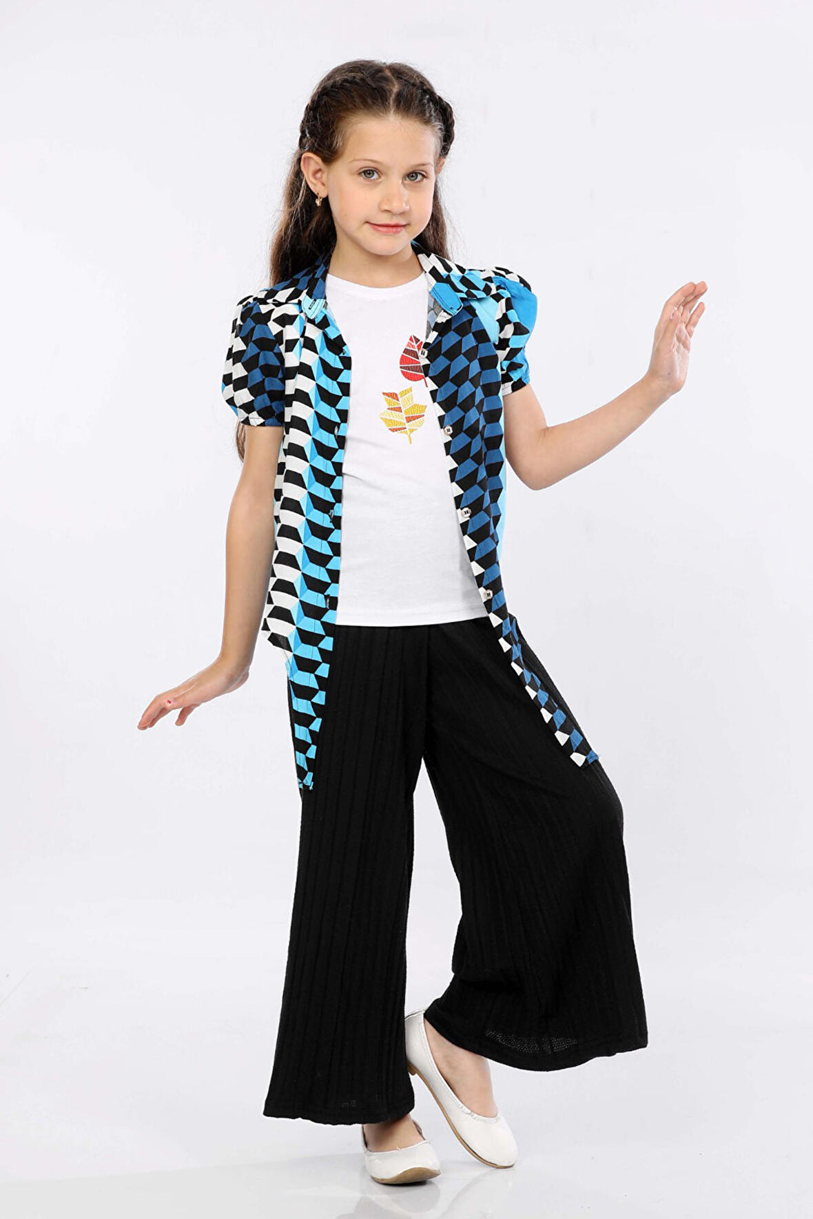 Mornio Kız Çocuk 3'lü Takım Bağlamalı Gömlek-T-shirt ve Geniş Paça Pantolon MRN2424