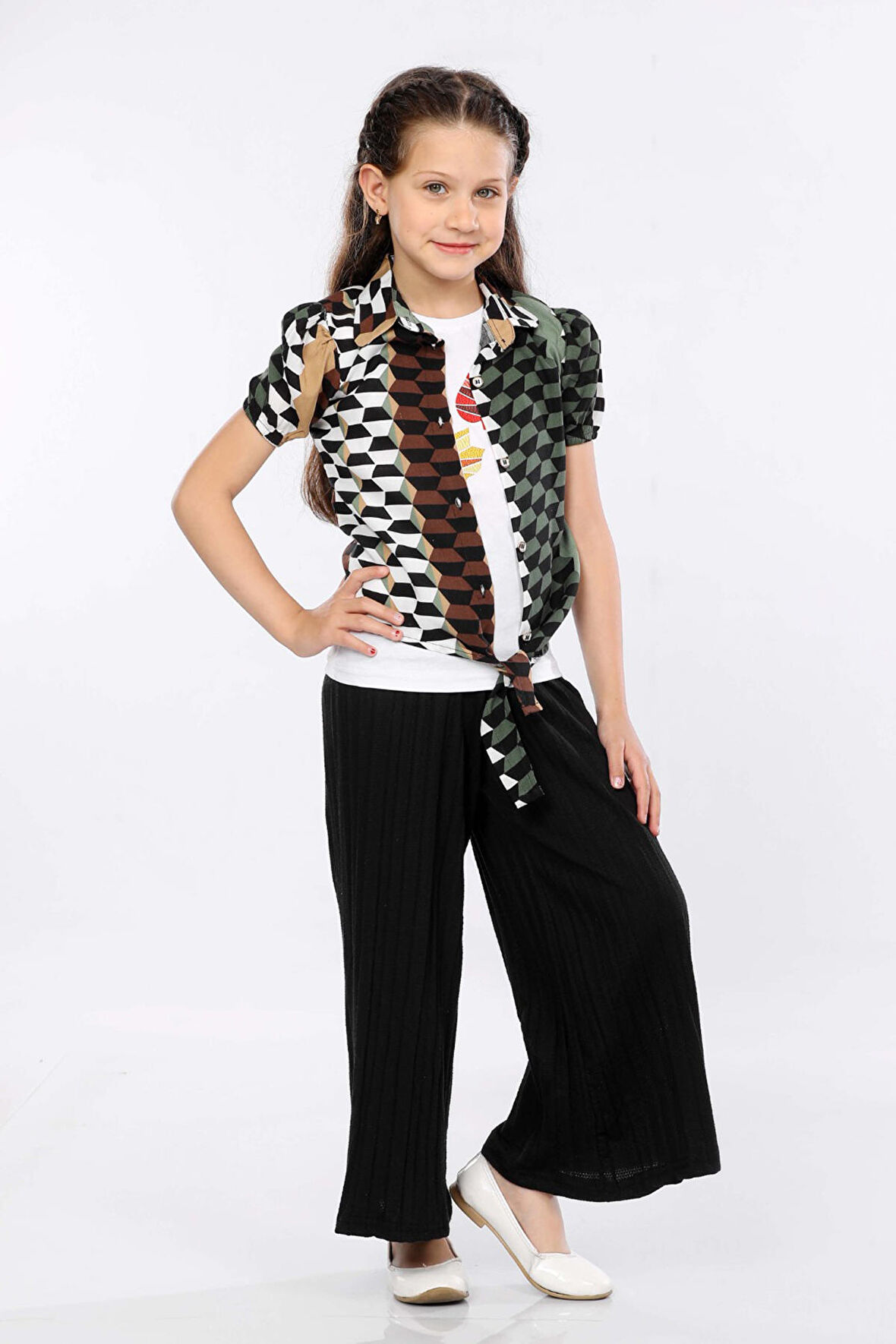 Mornio Kız Çocuk 3'lü Takım Bağlamalı Gömlek-T-shirt ve Geniş Paça Pantolon MRN2424