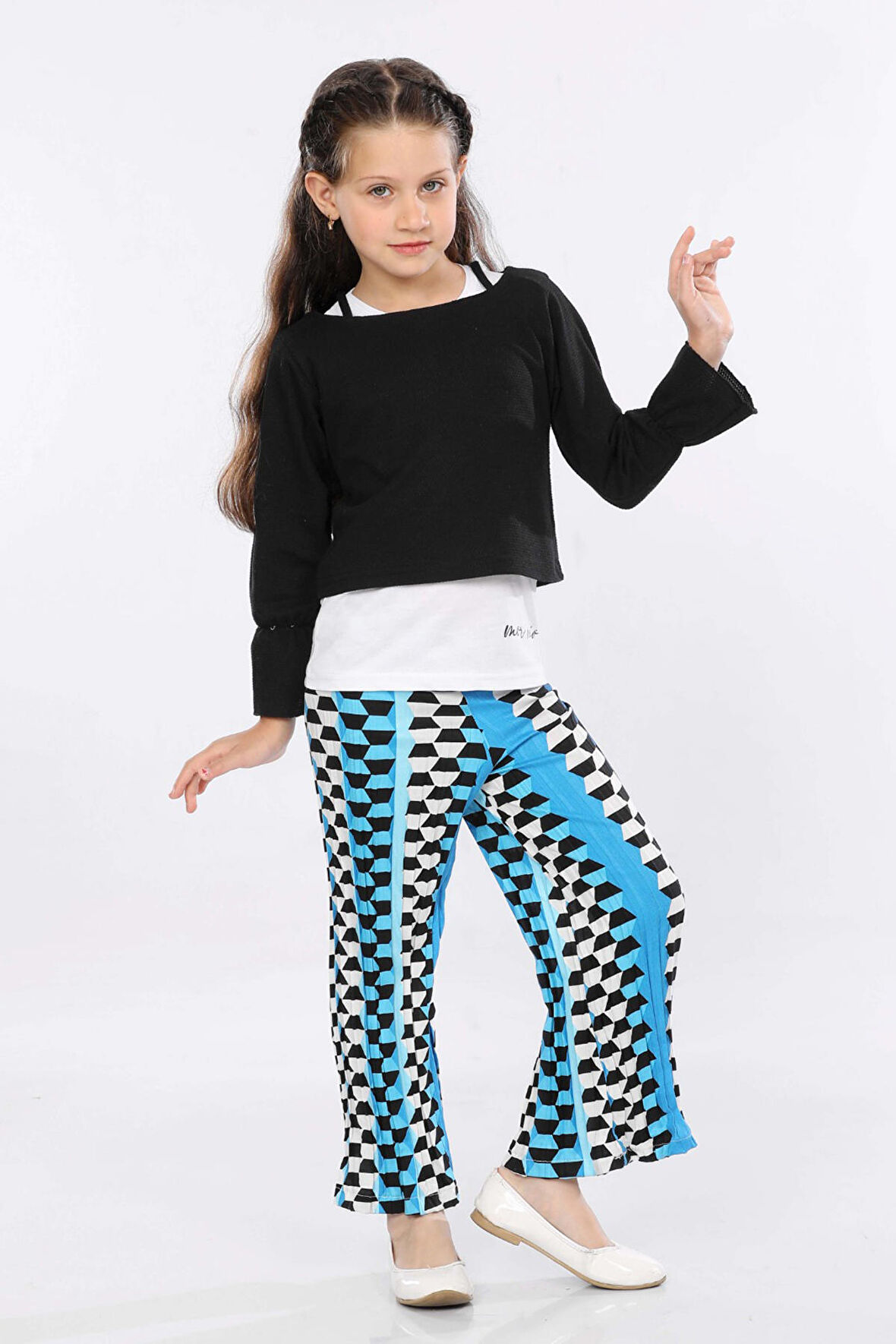 Mornio Kız Çocuk 3'lü Takım Fırfırlı Kol Sweatshirt,T-shirt ve Geniş Paça Pantolon MRN2425