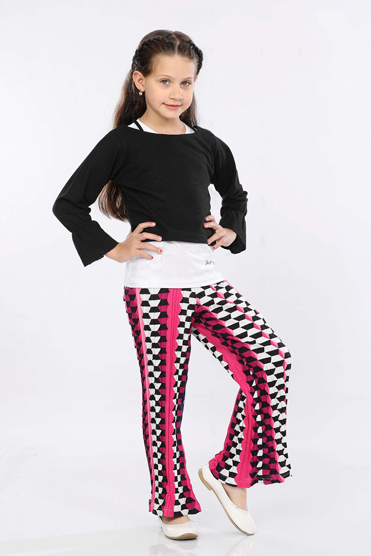 Mornio Kız Çocuk 3'lü Takım Fırfırlı Kol Sweatshirt,T-shirt ve Geniş Paça Pantolon MRN2425