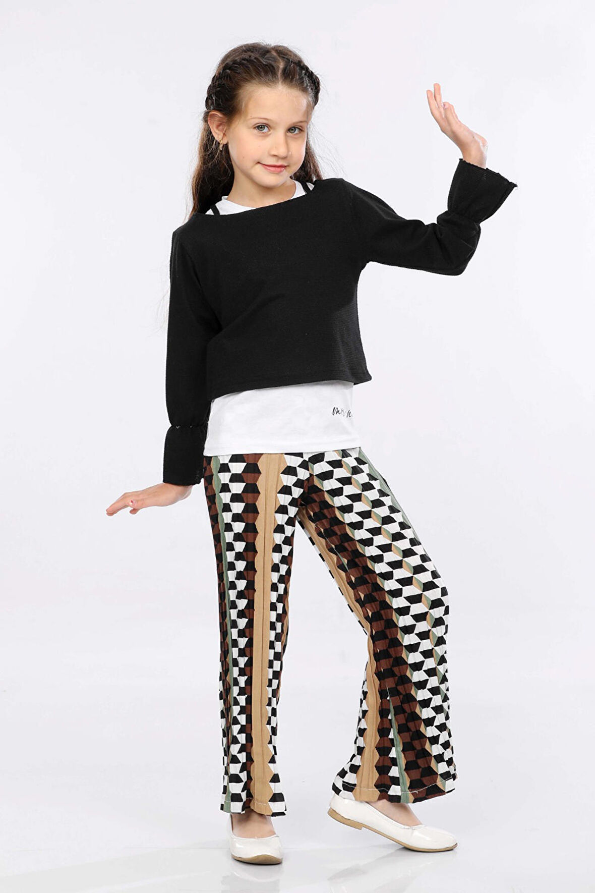 Mornio Kız Çocuk 3'lü Takım Fırfırlı Kol Sweatshirt,T-shirt ve Geniş Paça Pantolon MRN2425