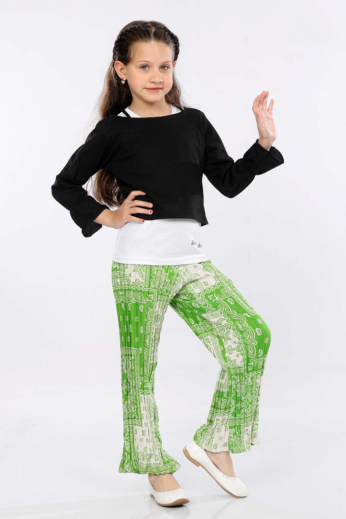 Mornio Kız Çocuk 3'lü Takım Fırfırlı Kol Sweatshirt,T-shirt ve Geniş Paça Pantolon MRN2426