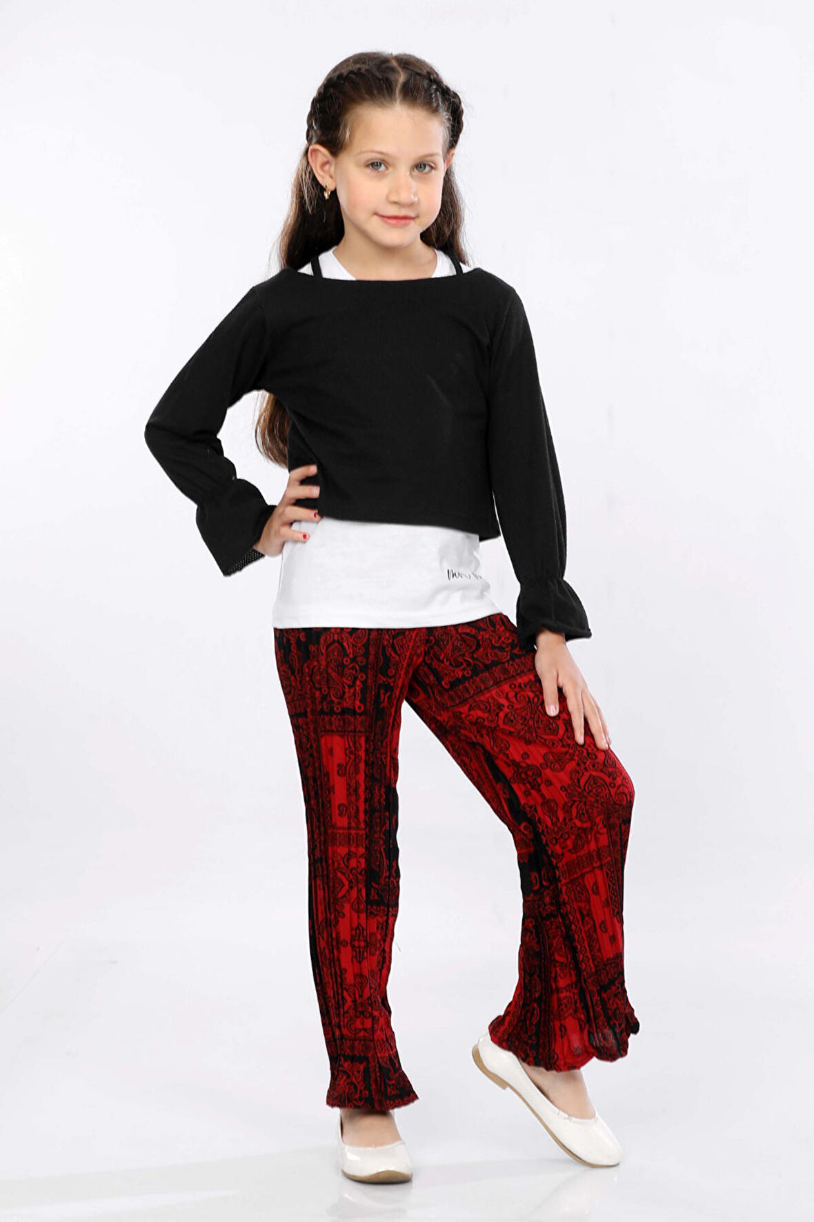 Mornio Kız Çocuk 3'lü Takım Fırfırlı Kol Sweatshirt,T-shirt ve Geniş Paça Pantolon MRN2426