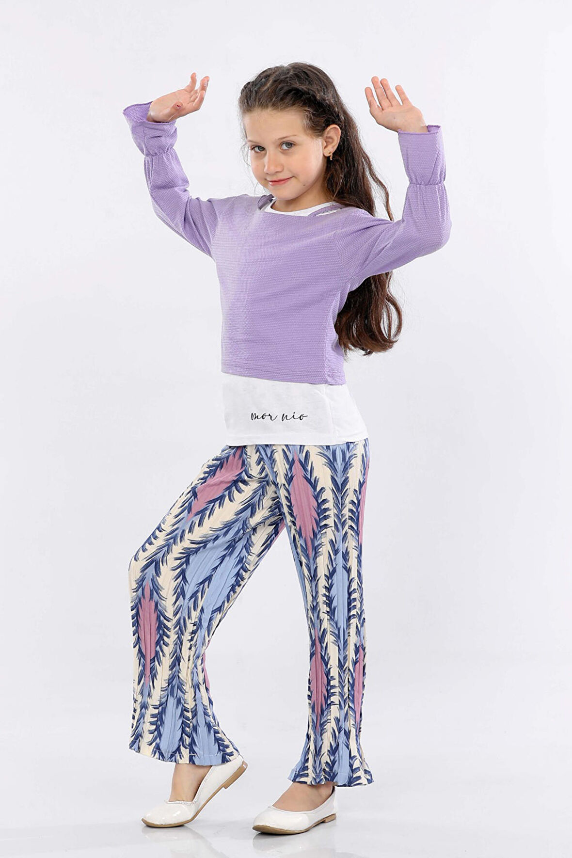 Mornio Kız Çocuk 3'lü Takım Fırfırlı Kol Sweatshirt,T-shirt ve Geniş Paça Pantolon MRN2427