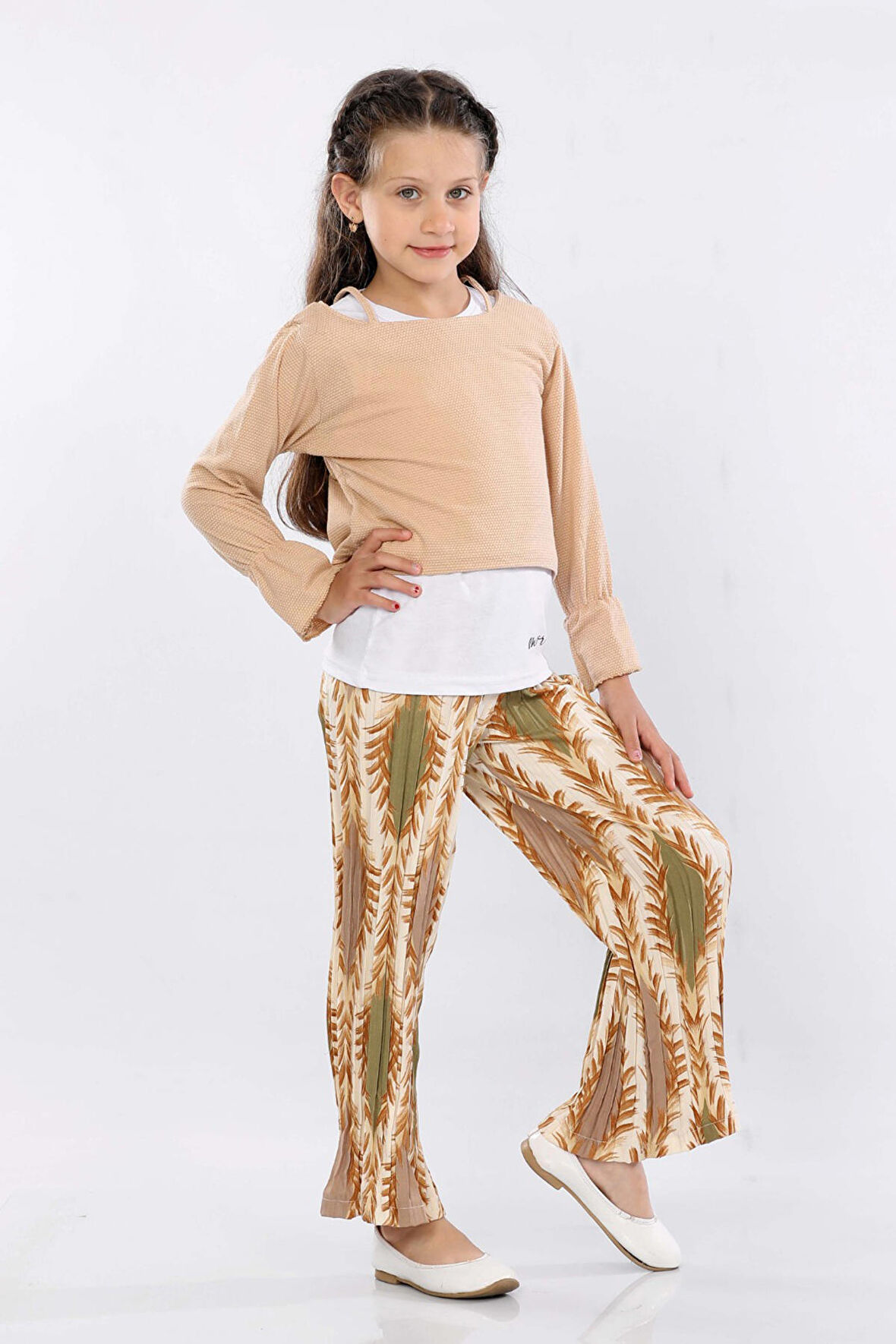 Mornio Kız Çocuk 3'lü Takım Fırfırlı Kol Sweatshirt,T-shirt ve Geniş Paça Pantolon MRN2427