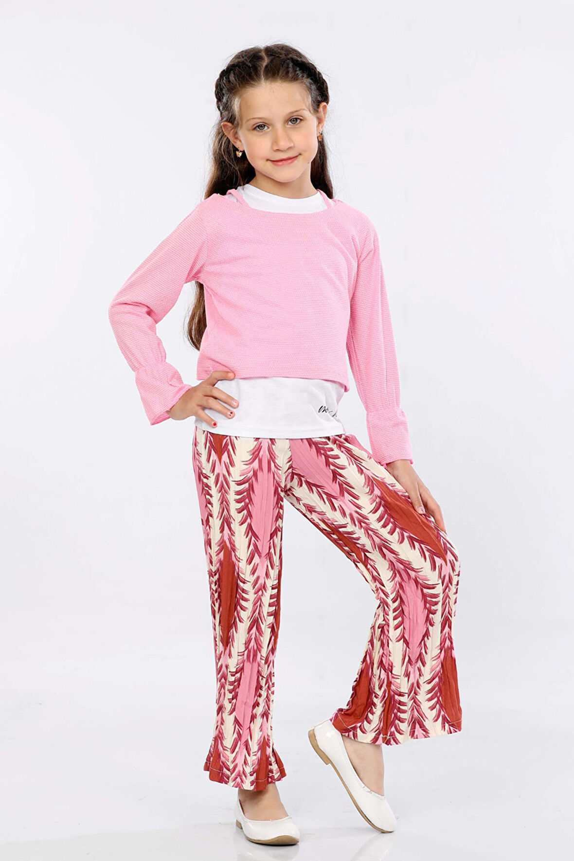 Mornio Kız Çocuk 3'lü Takım Fırfırlı Kol Sweatshirt,T-shirt ve Geniş Paça Pantolon MRN2427