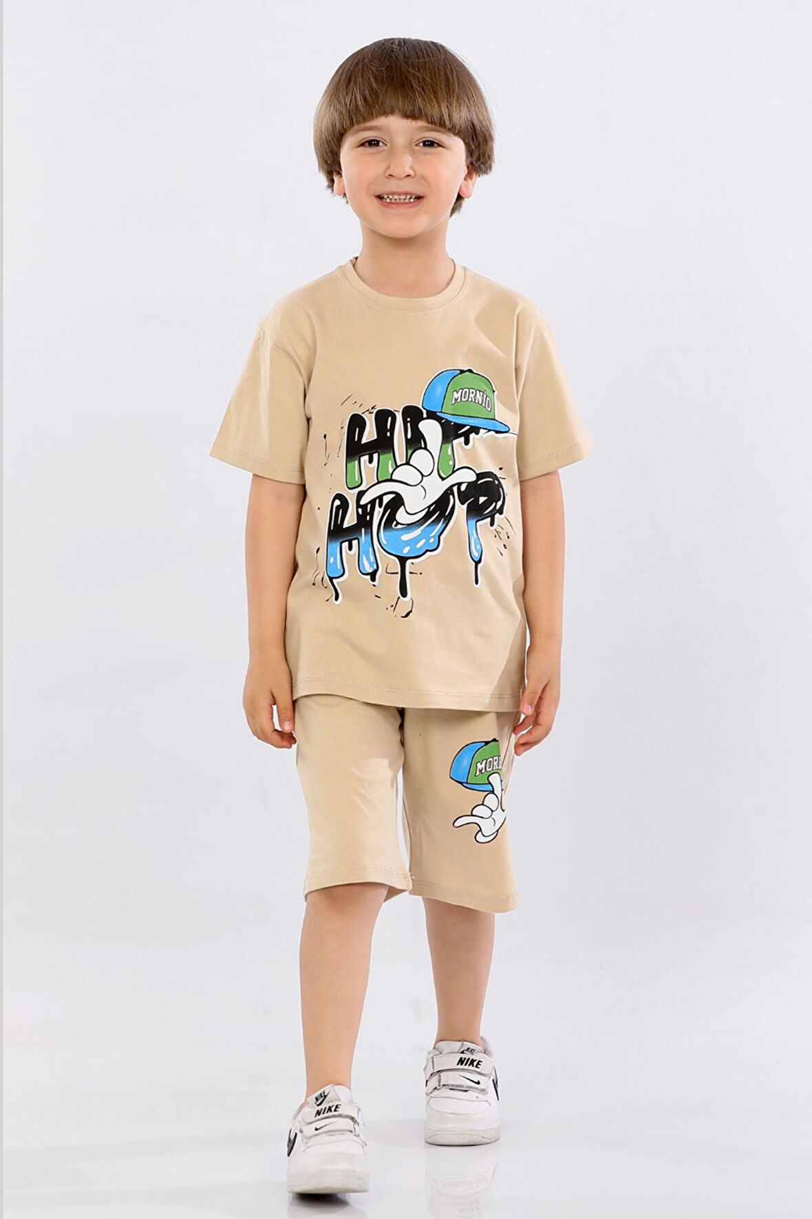 Mornio Erkek Çocuk %100 Pamuk Hip-Hop Baskılı T-shirt ve Şort 2 li Takım MRN3102728-1VF