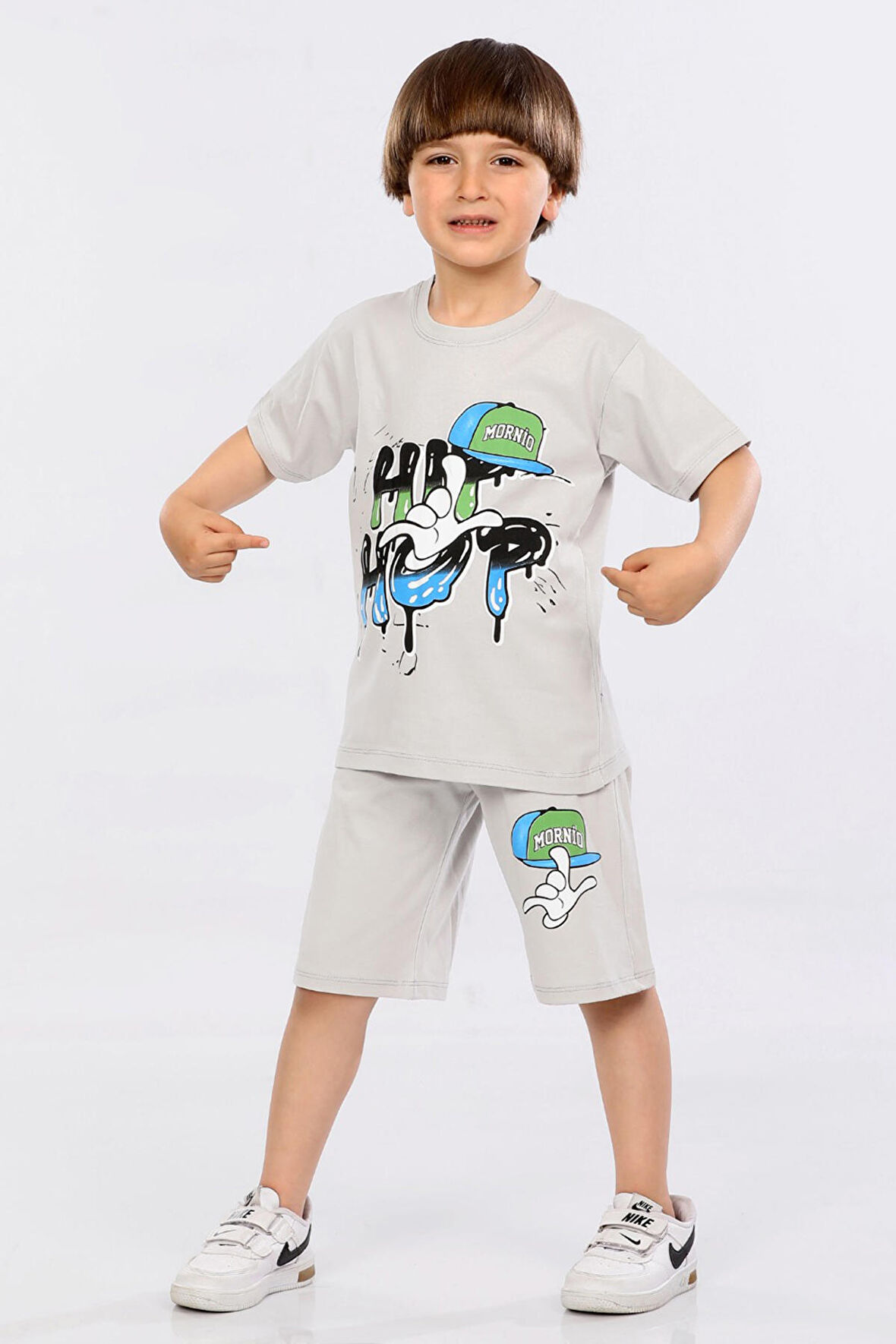 Mornio Erkek Çocuk %100 Pamuk Hip-Hop Baskılı T-shirt ve Şort 2 li Takım MRN3102728-1VF